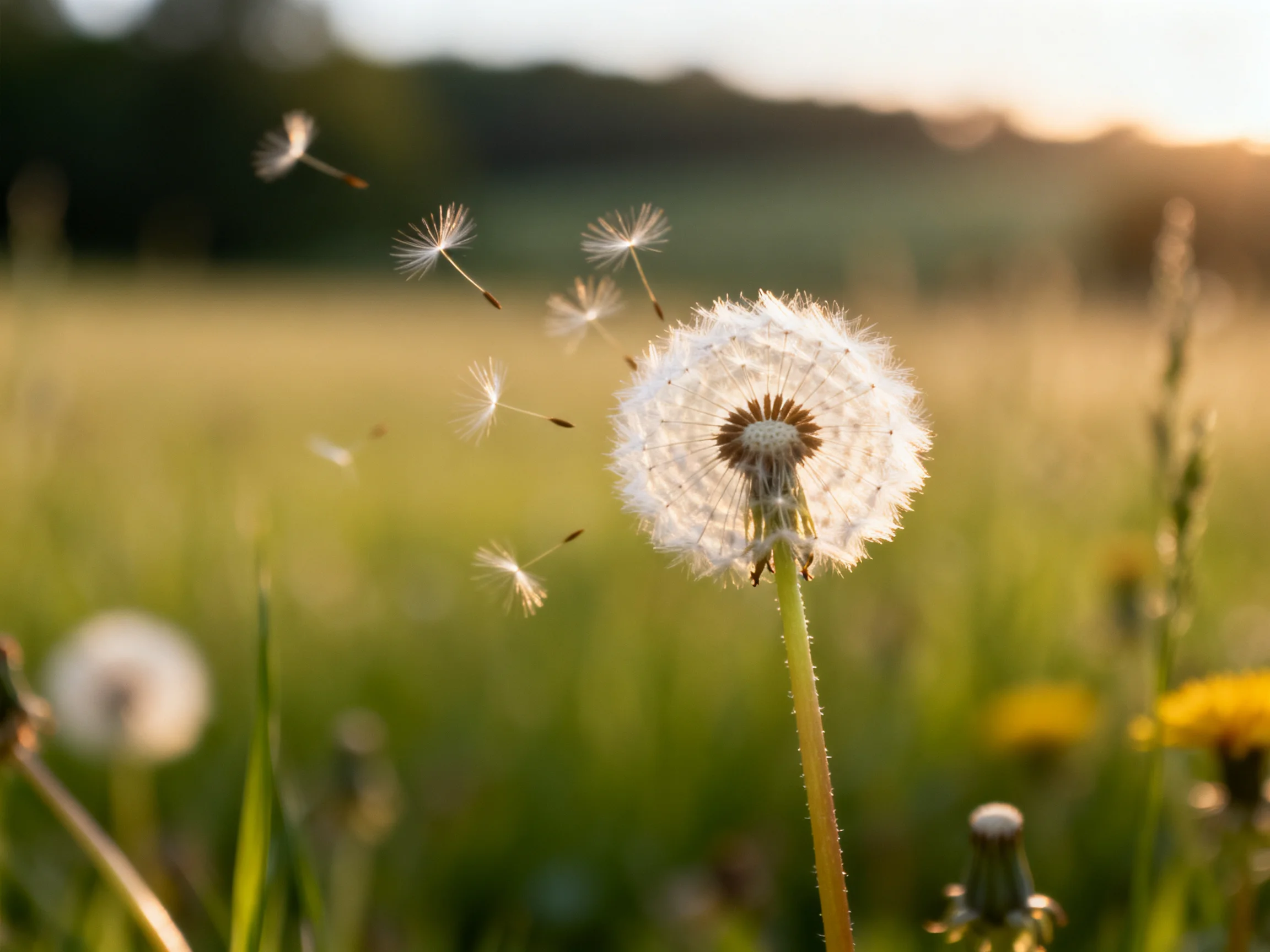 A dandelion seed head dispersing in a sunlit grassy meadow