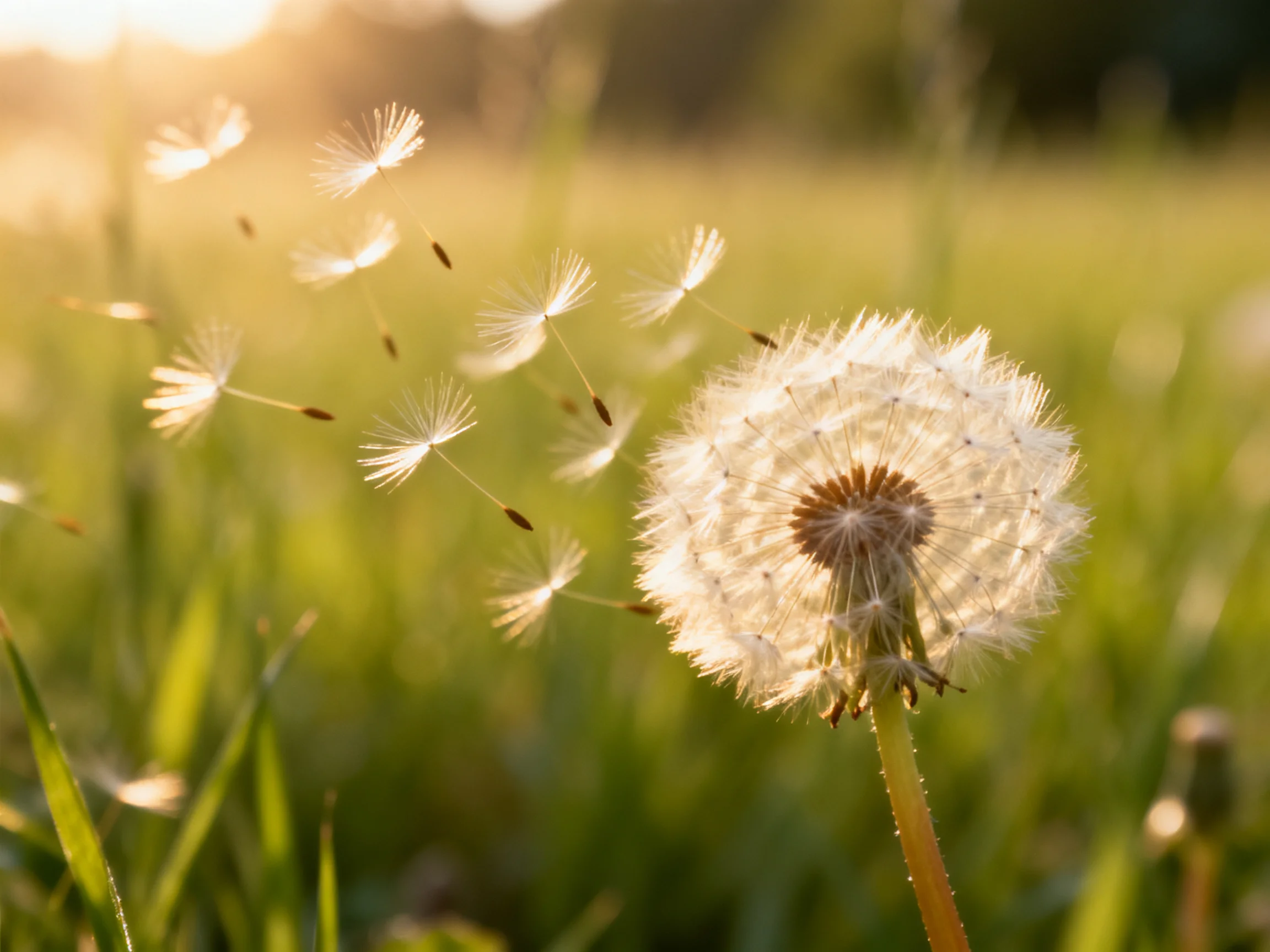 A dandelion seed head dispersing in a sunlit green meadow