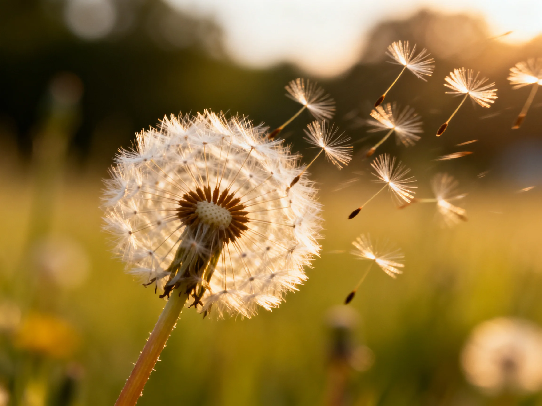 A dandelion seed head dispersing in golden sunlight over a meadow