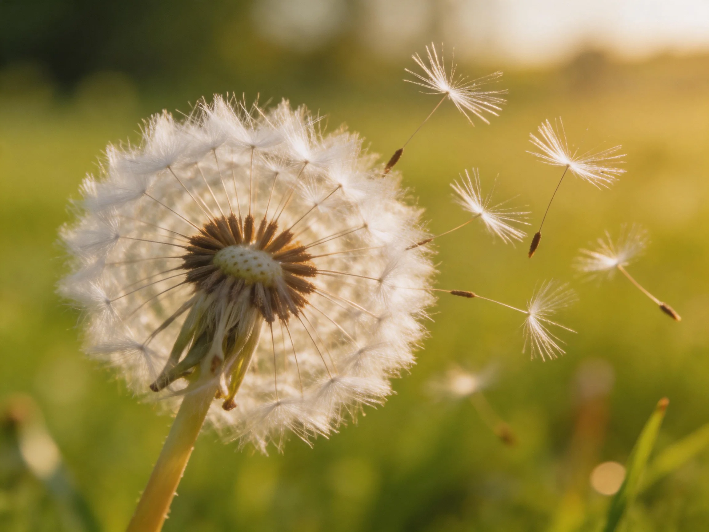 A dandelion seed head releases fluffy white seeds into a sunny meadow