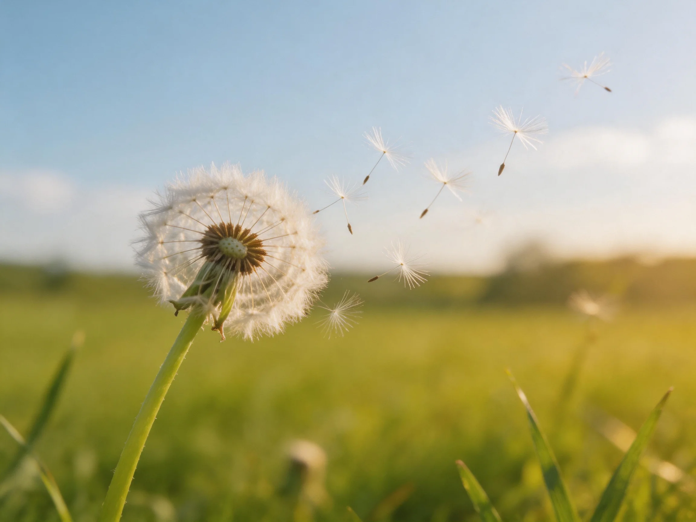 A dandelion seed head releases seeds in a sunlit green meadow