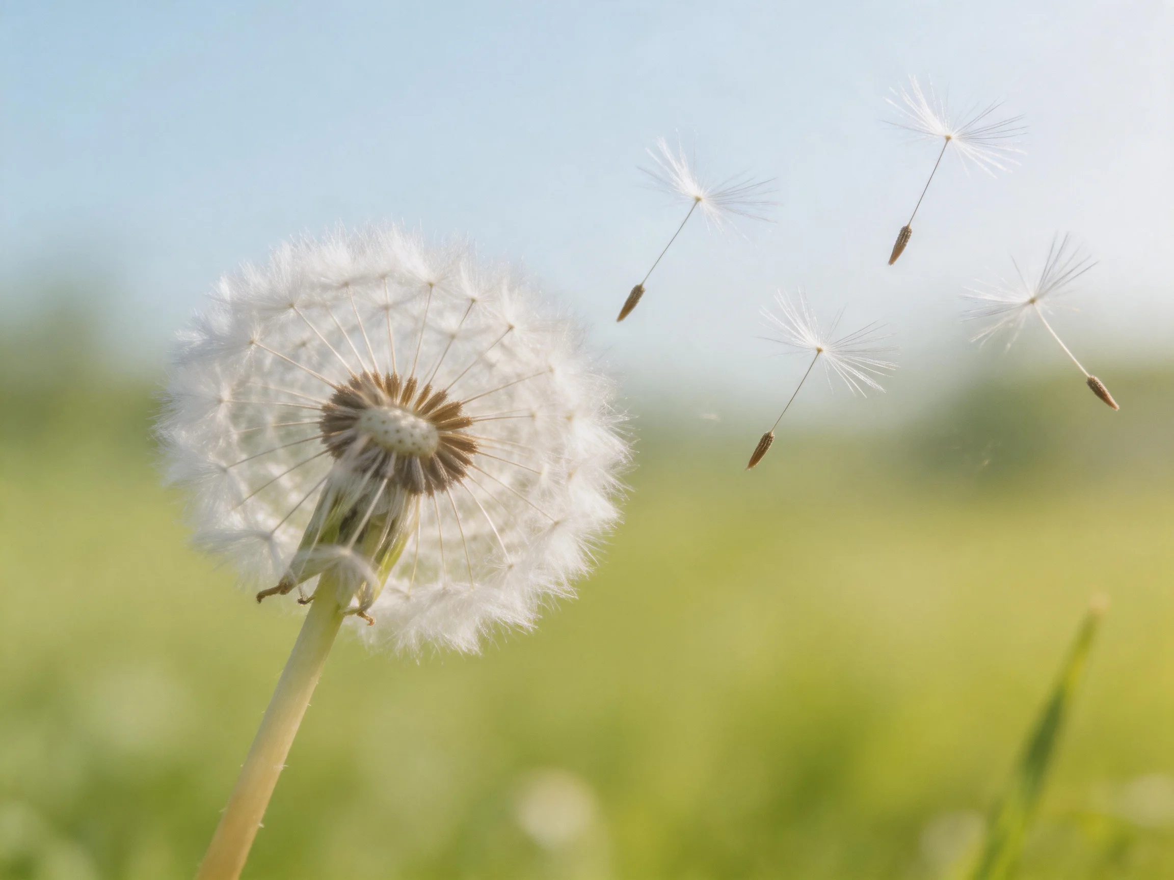 A dandelion seed head releasing four floating seeds into a green field