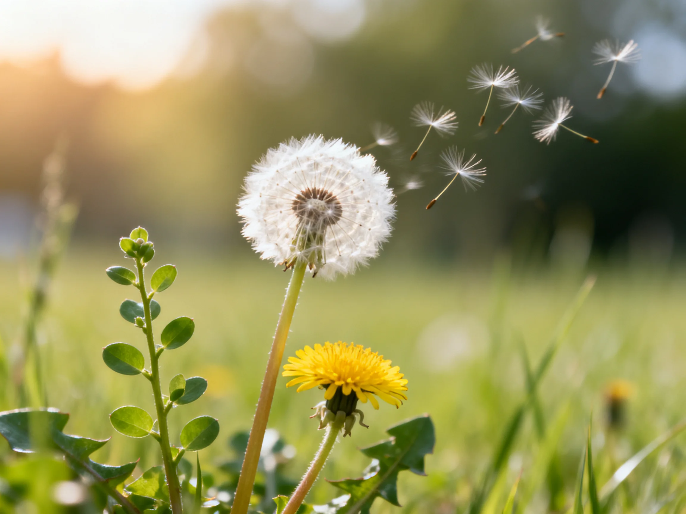A dandelion seed head releasing seeds beside a vibrant yellow bloom in a sun-drenched field