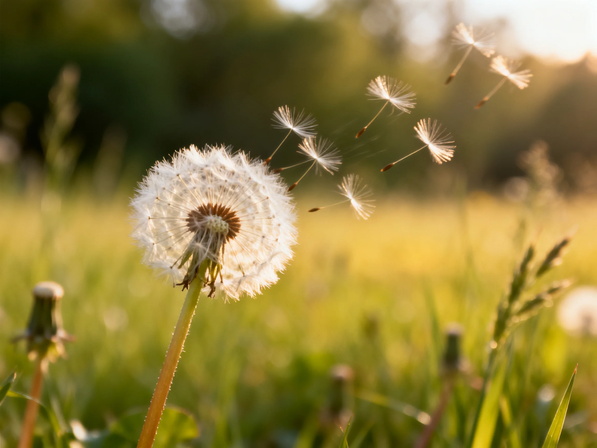 A dandelion seed head releasing seeds in a sunlit meadow