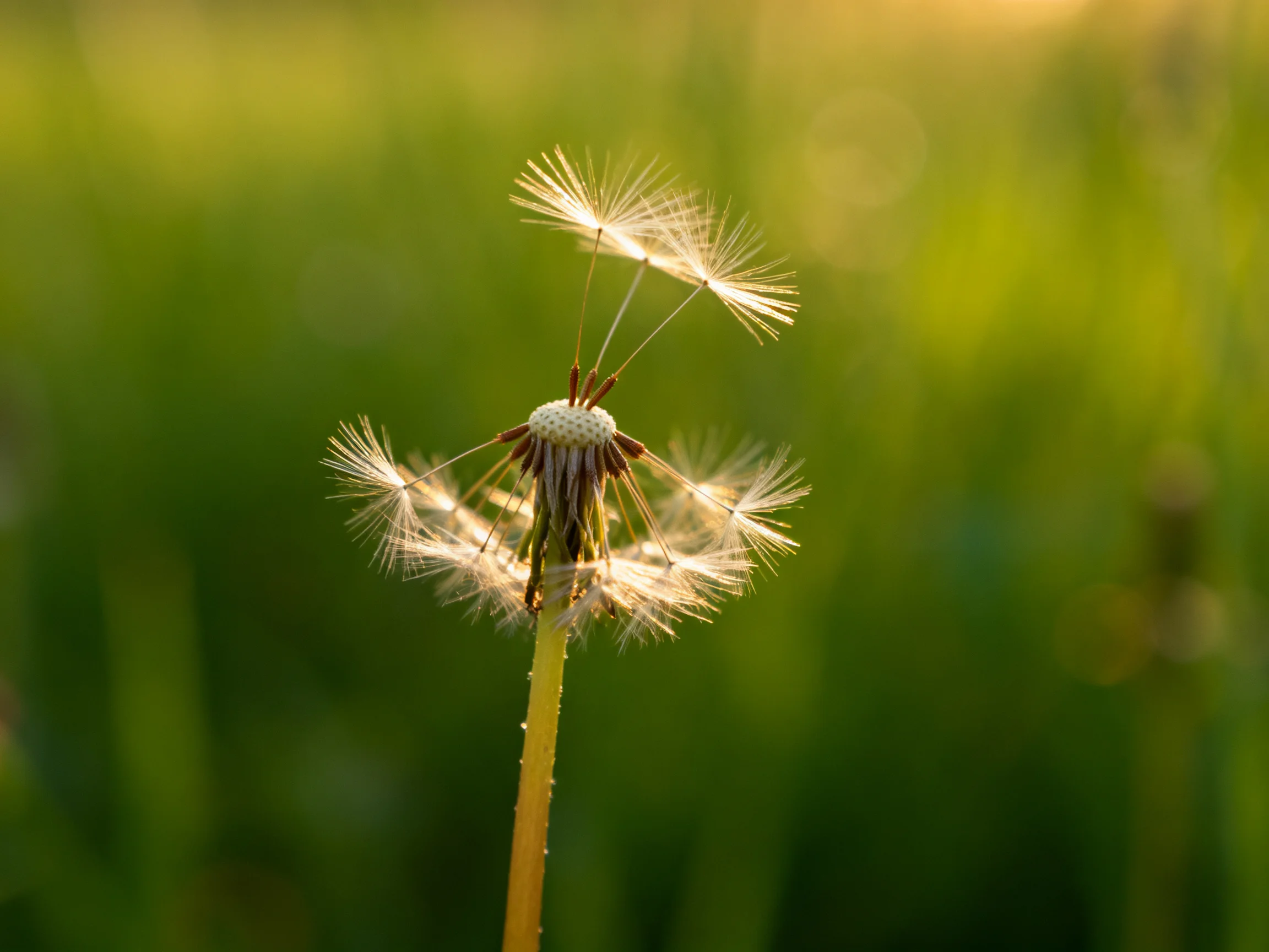 A dandelion seed head with delicate white filaments against a lush green backdrop