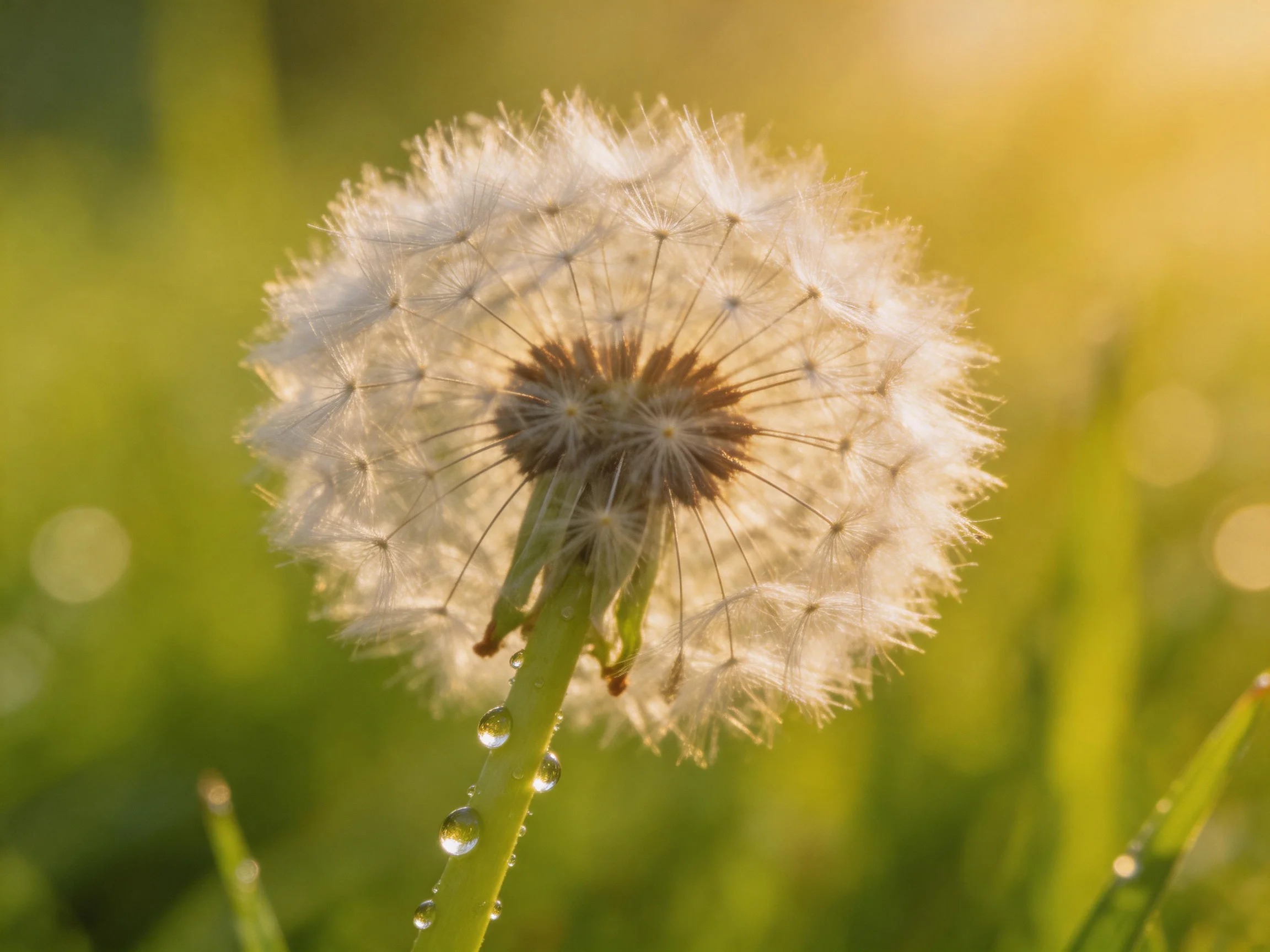 A dandelion seed head with dew drops in a sunlit meadow