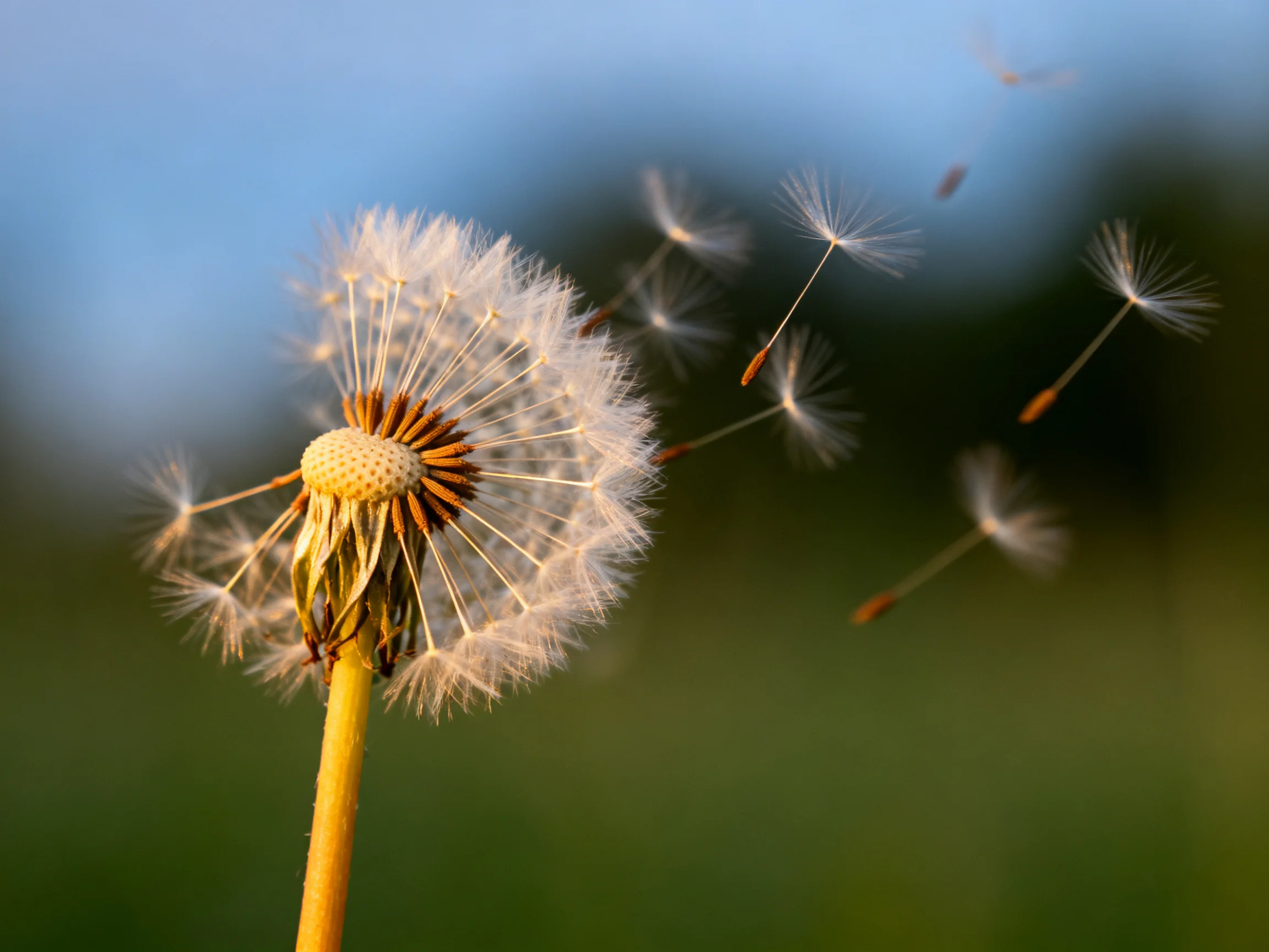 A dandelion seed head with floating seeds against a blurred natural backdrop