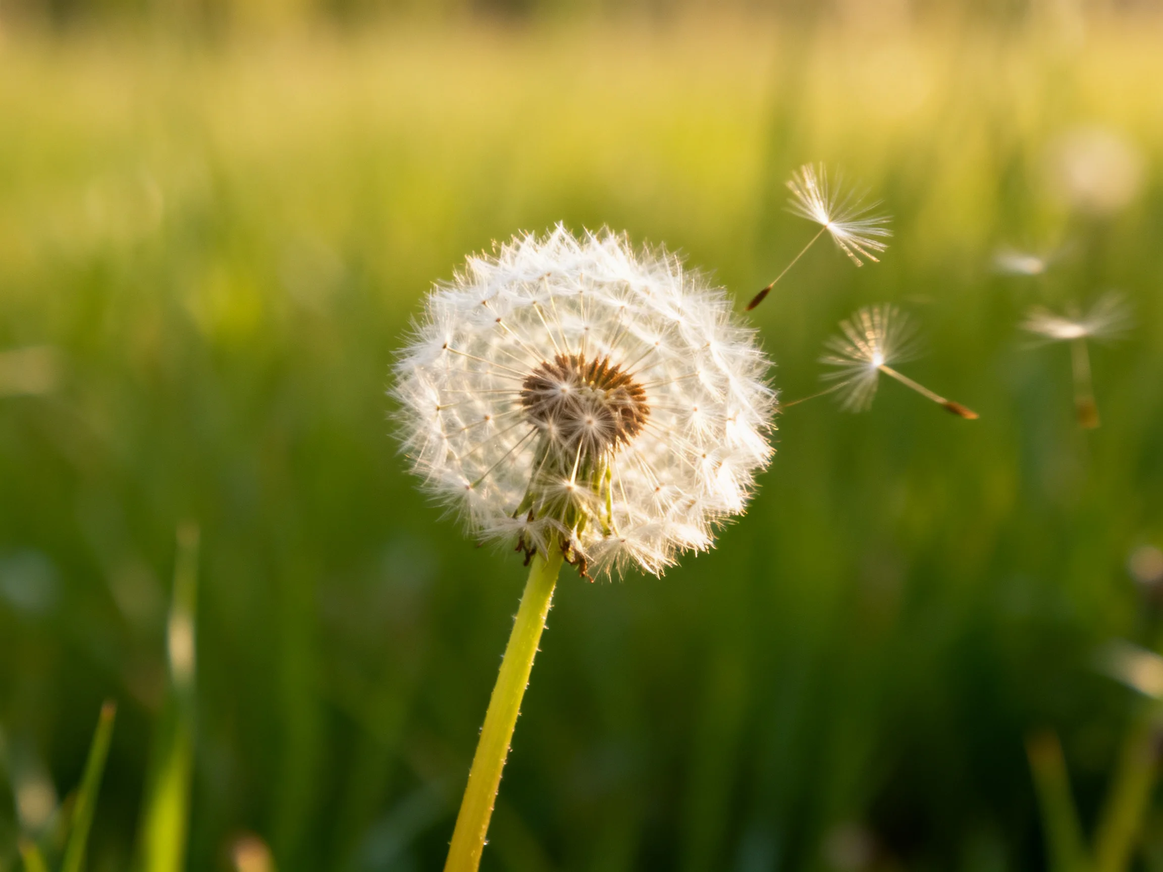 A dandelion seed head with floating seeds in a sunlit green meadow