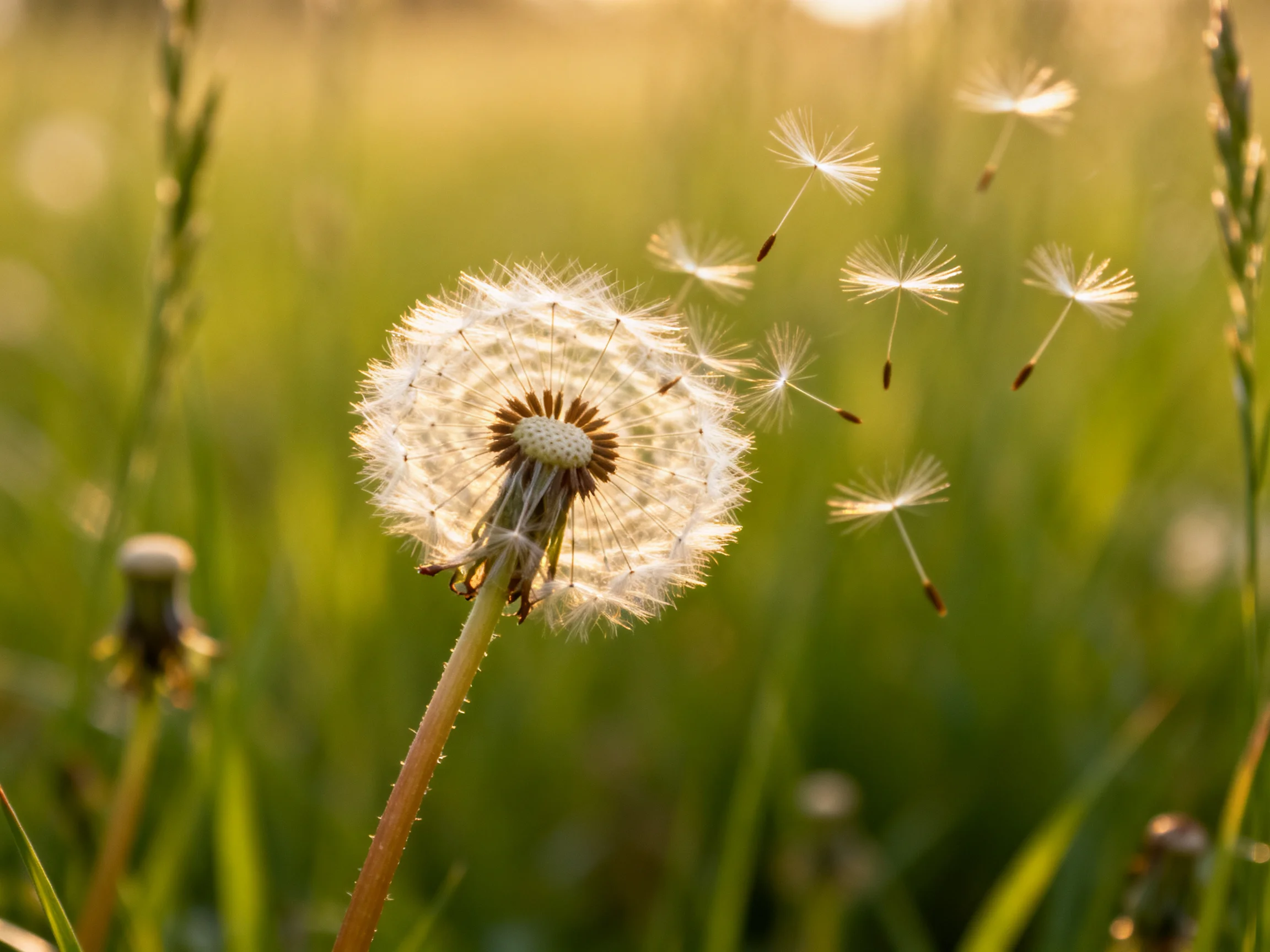 A dandelion seed head with floating seeds in a sunlit meadow