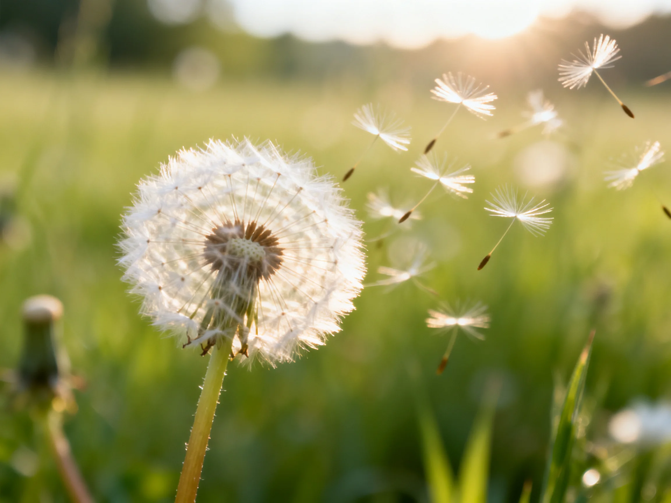 A dandelion seed head with floating seeds in a sunlit meadow