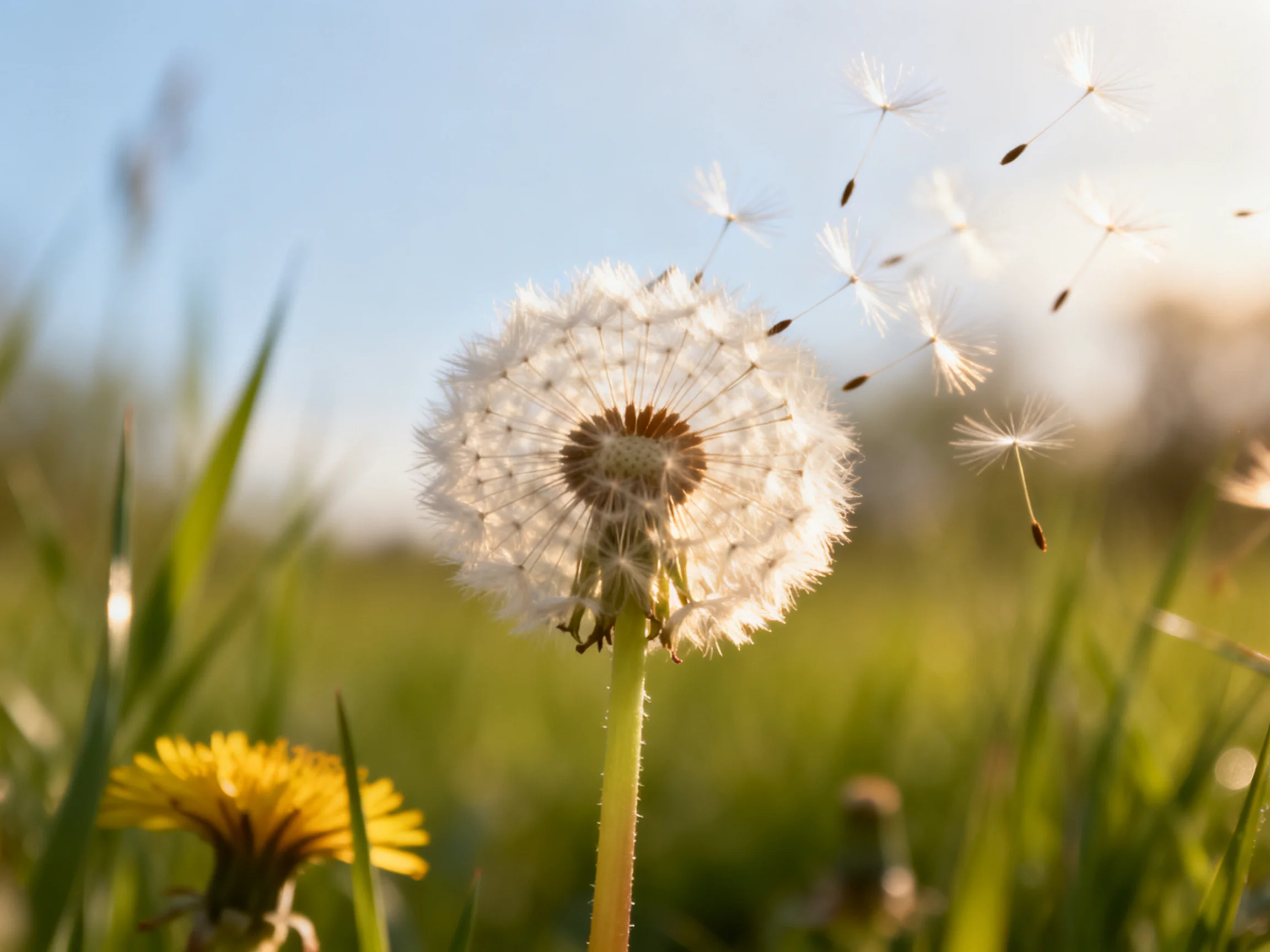 A dandelion seed head with floating seeds near a yellow bloom in a grassy field