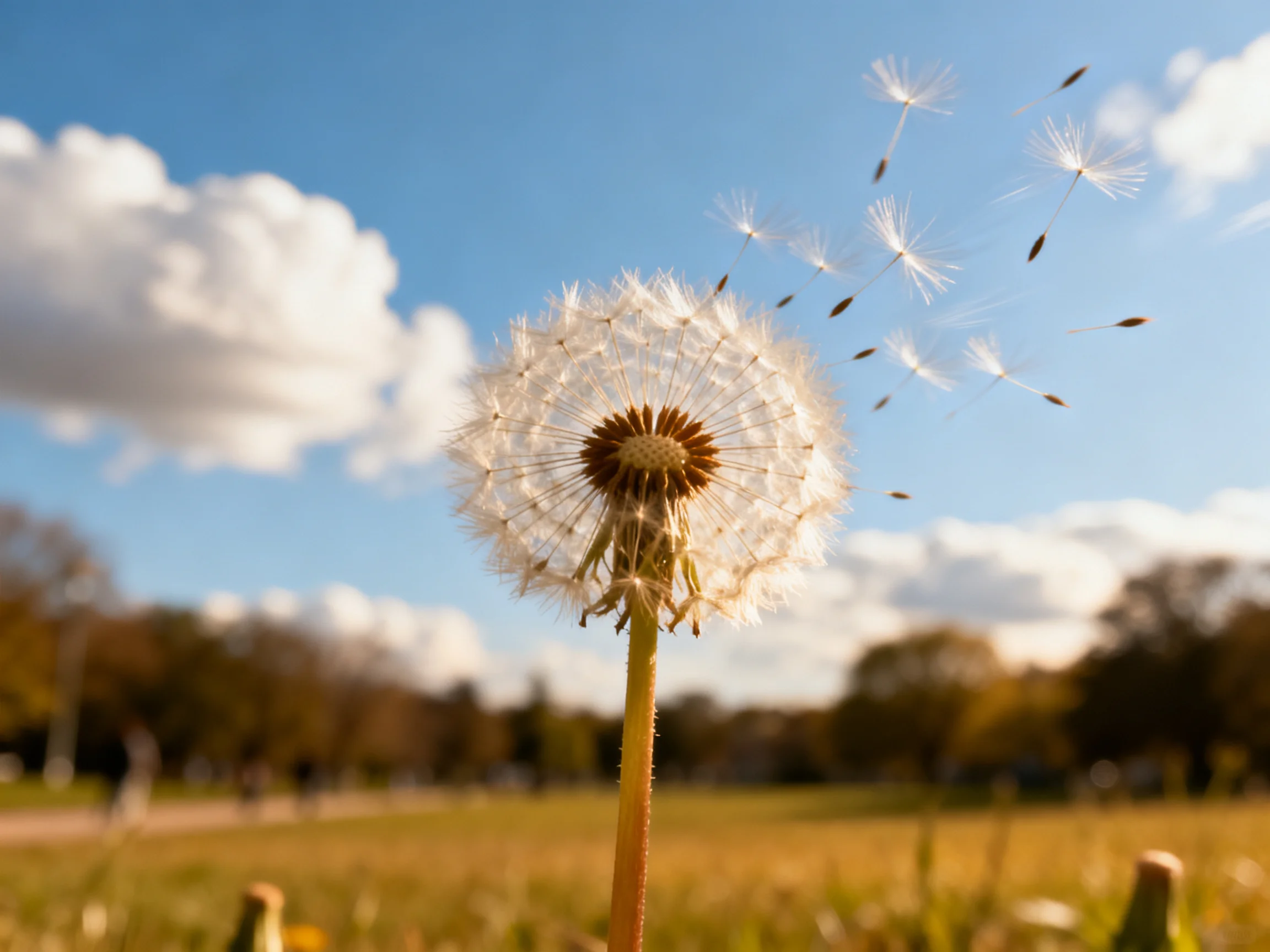 A dandelion seed head with floating seeds under a bright blue sky