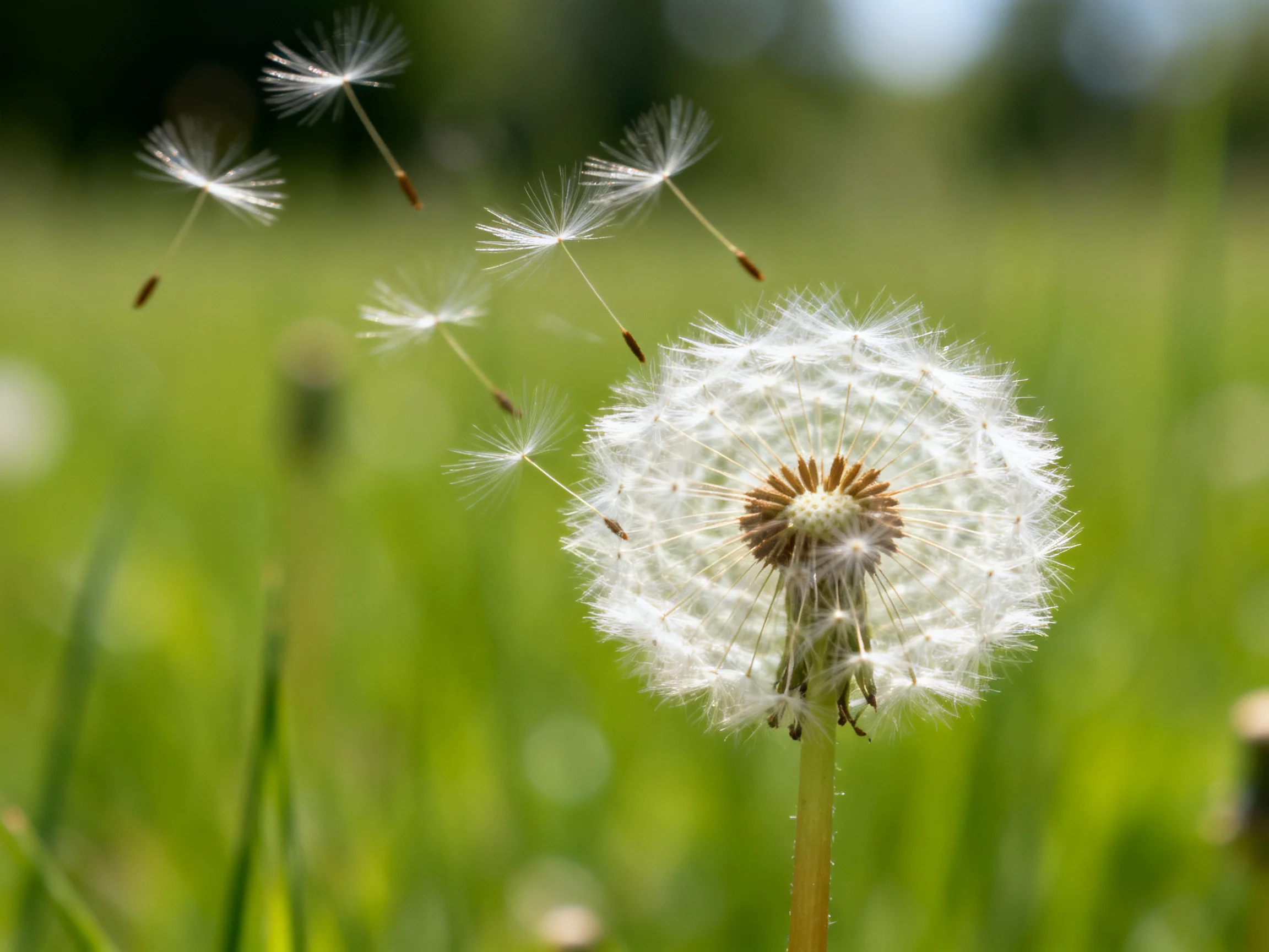 A dandelion seed head with floating white seeds in a green meadow
