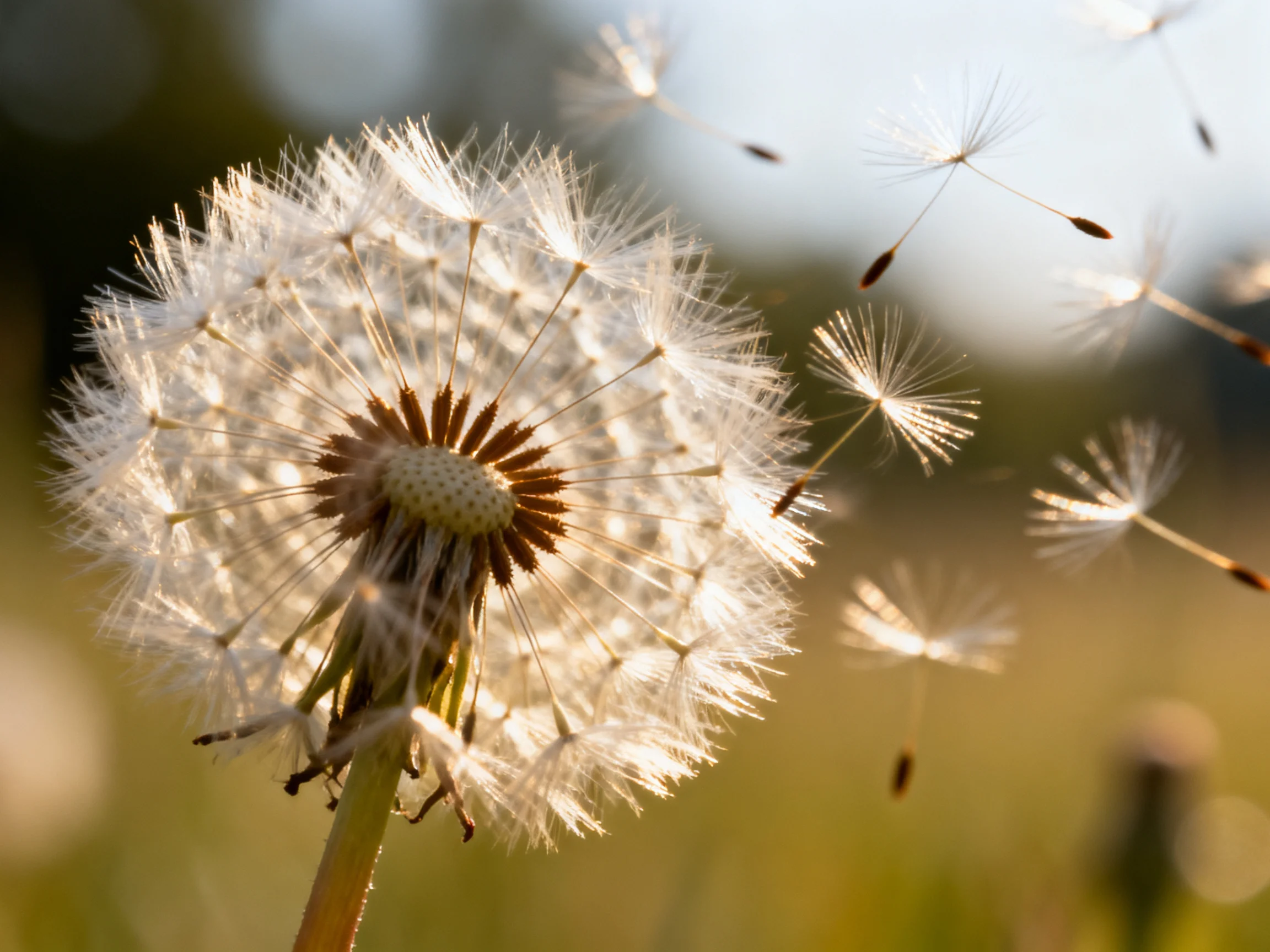 A dandelion seed head with floating white seeds in golden sunlight