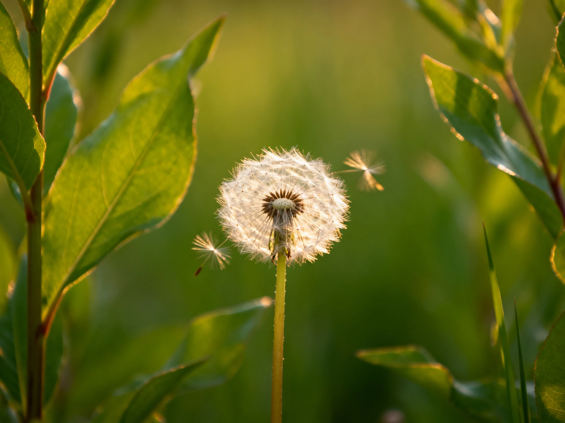 A dandelion seed head with seeds dispersing near green foliage
