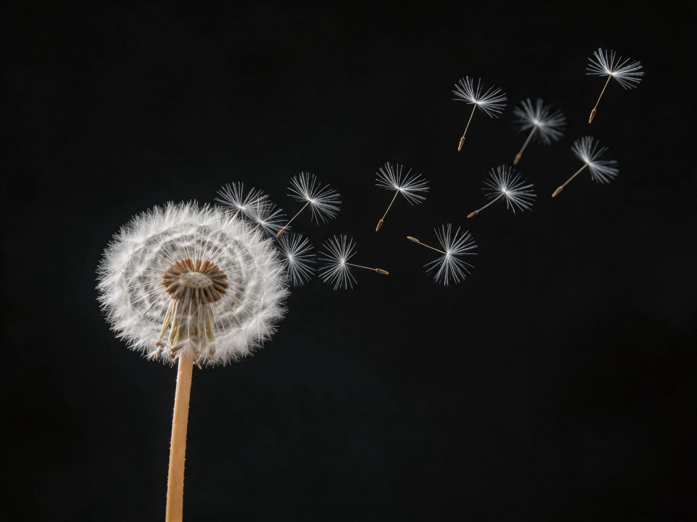 A dandelion with seeds dispersing against a black backdrop