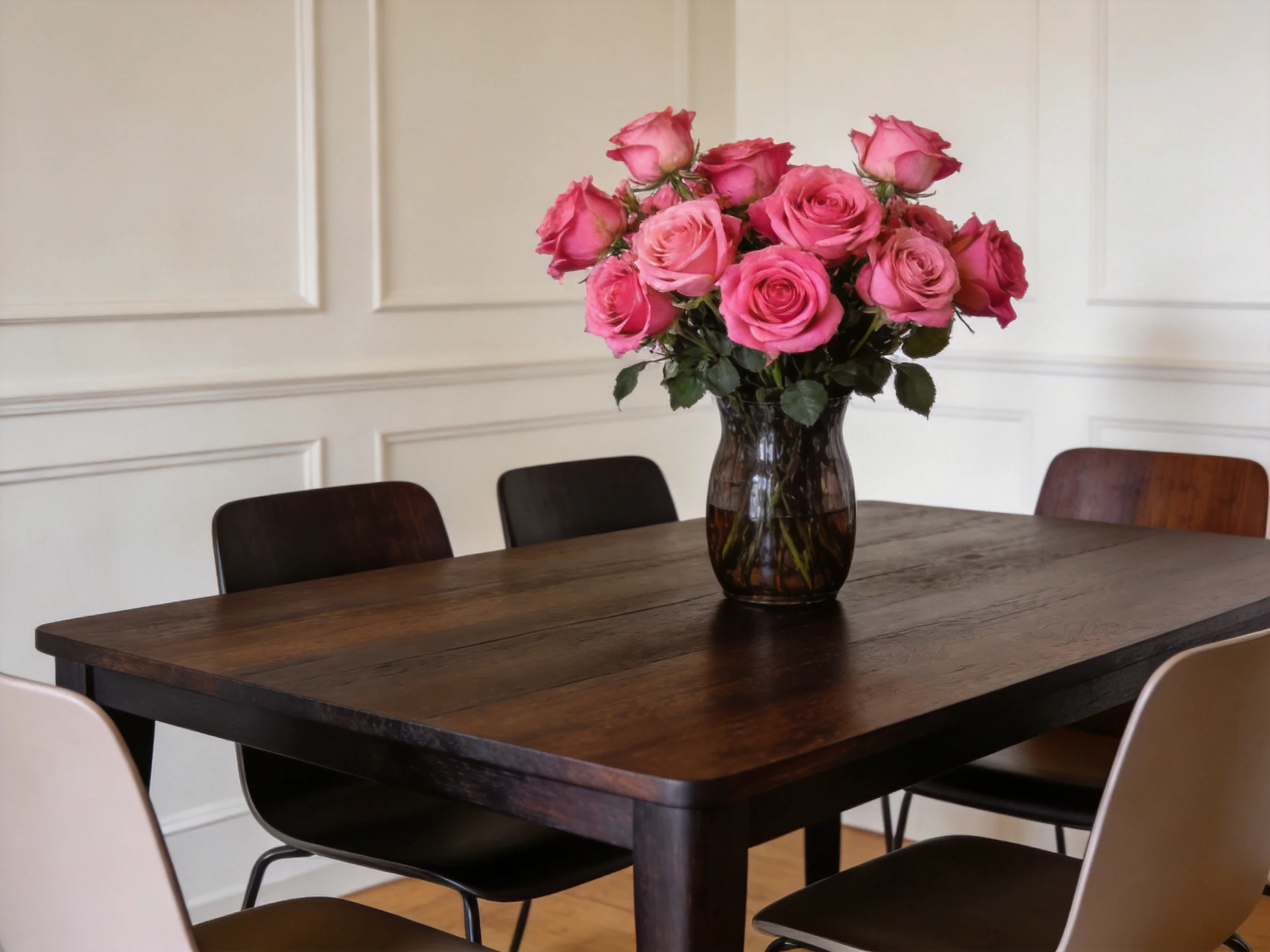 A dark wooden table holds a large bouquet of pink roses with mixed seating.