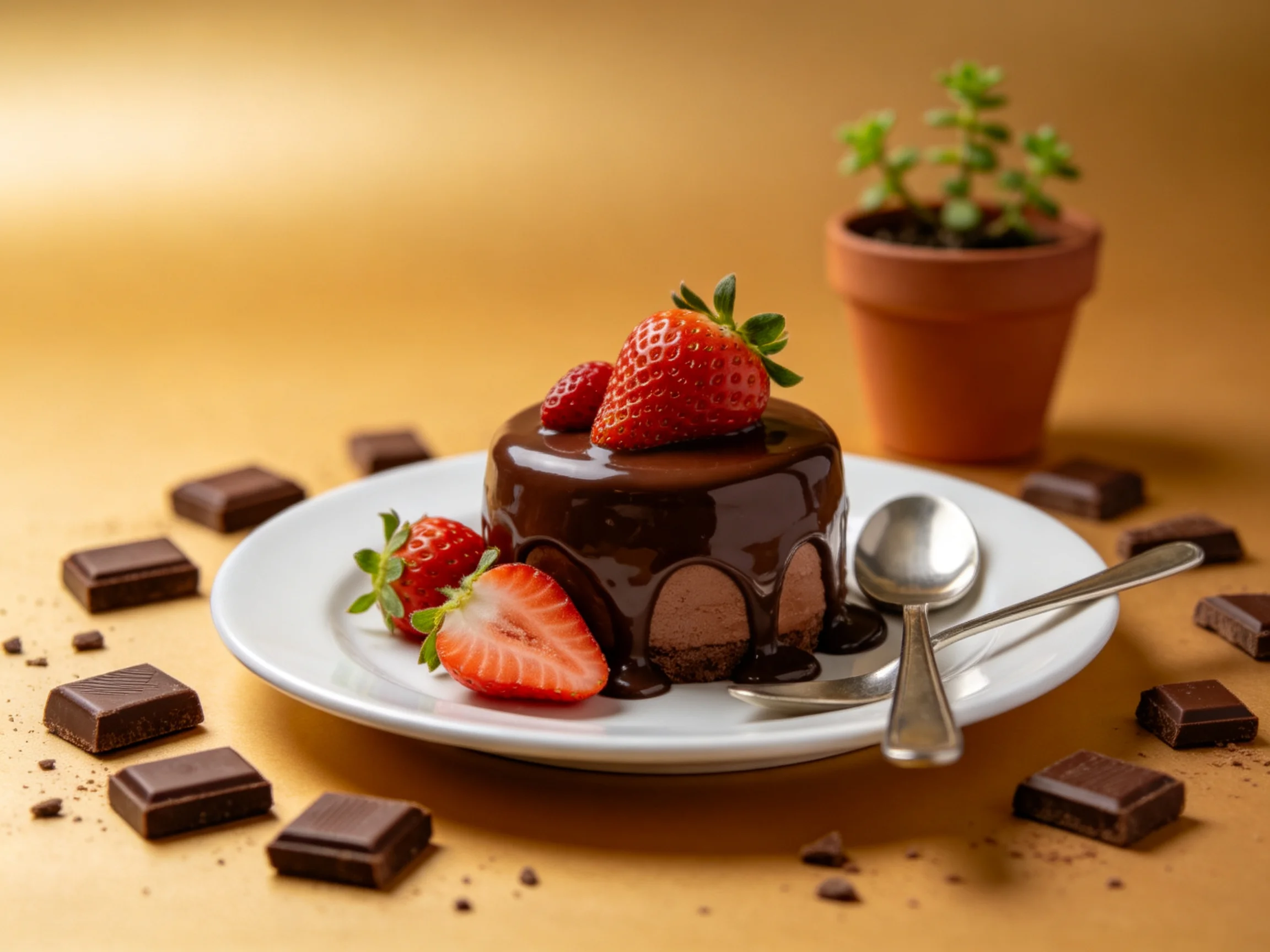 A decadent chocolate cake topped with fresh strawberries, surrounded by chocolate squares