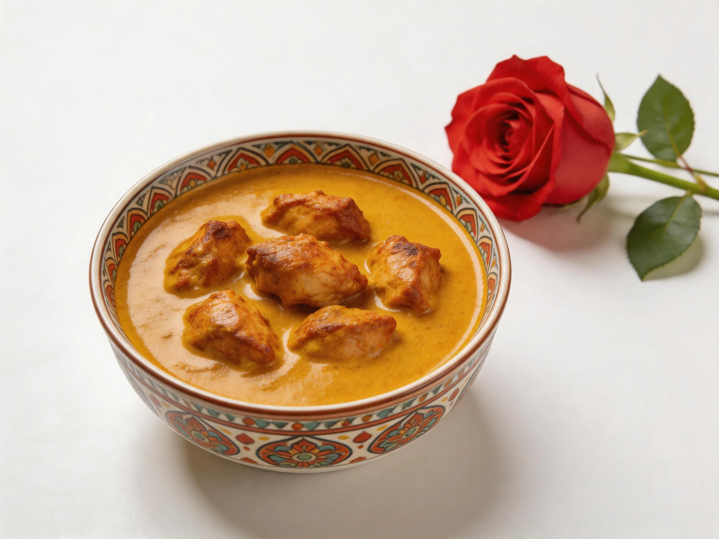 A decorative bowl holds creamy orange chicken curry beside a vibrant red rose