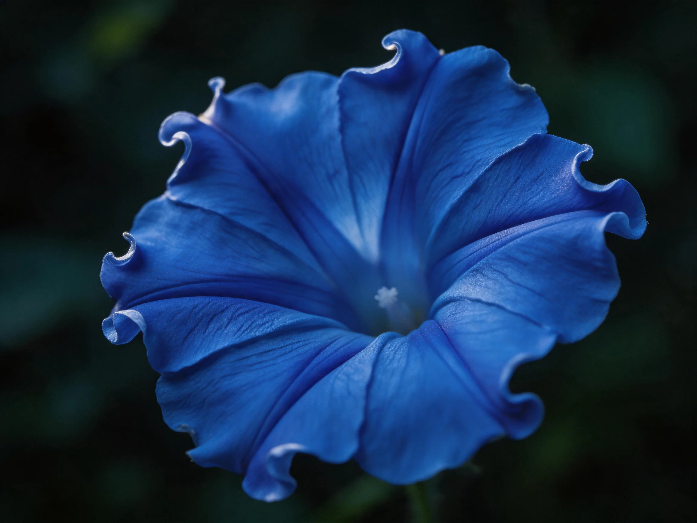 A deep blue flower with ruffled edges against dark foliage