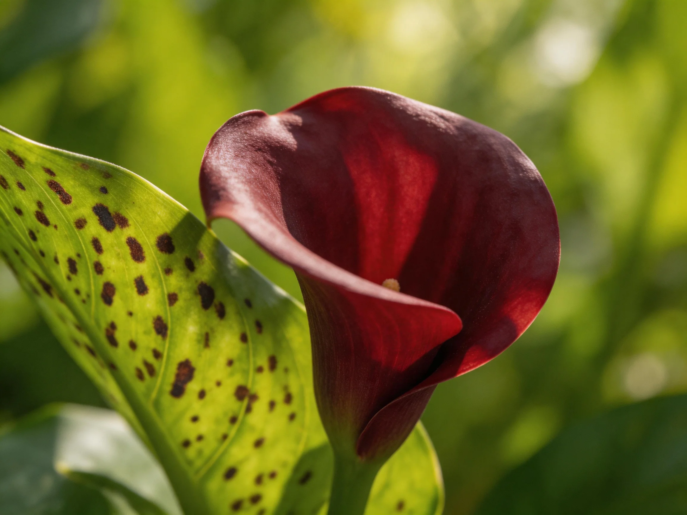 A deep burgundy calla lily beside a spotted variegated leaf