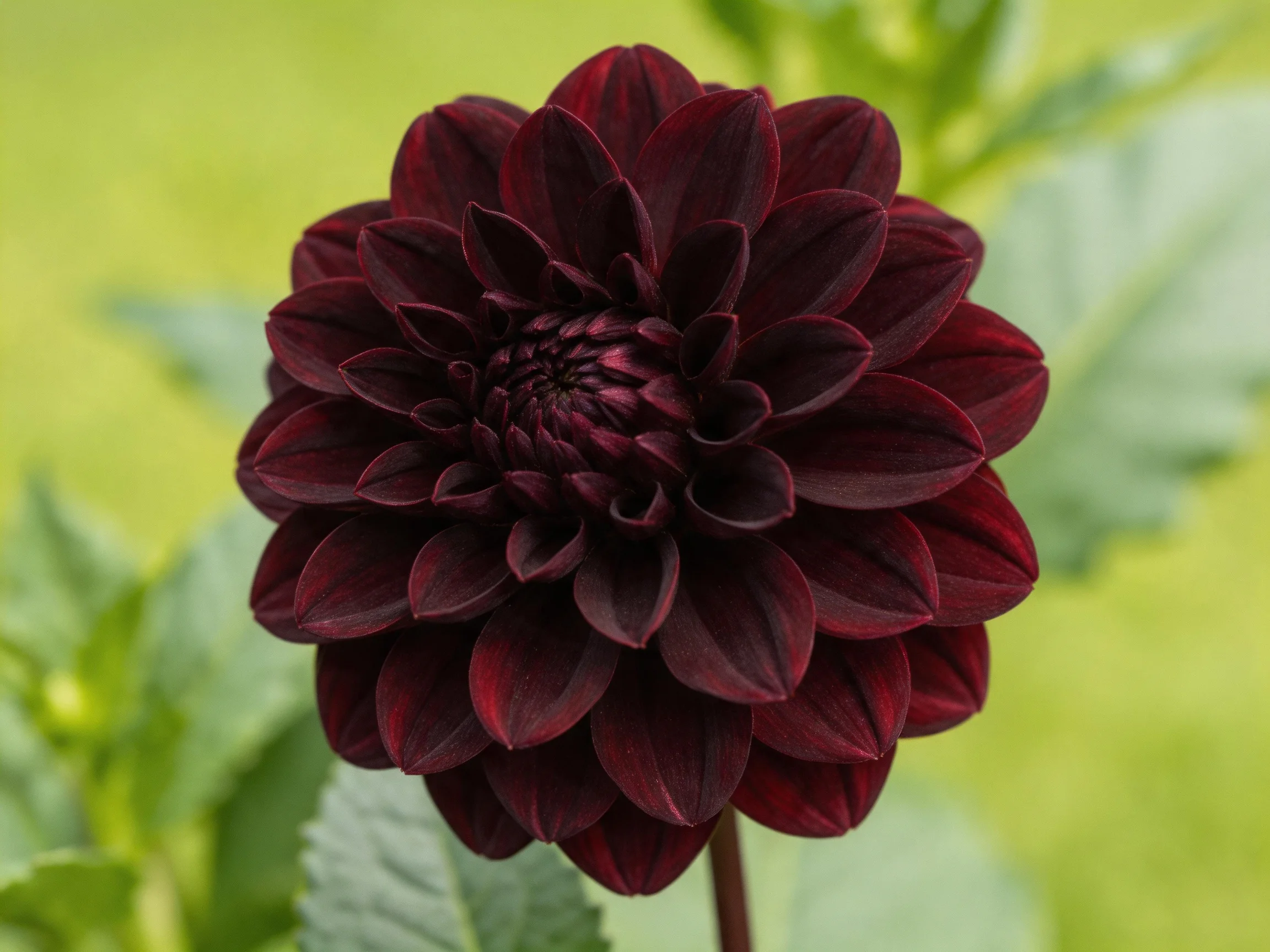A deep burgundy dahlia blooms amidst soft green foliage