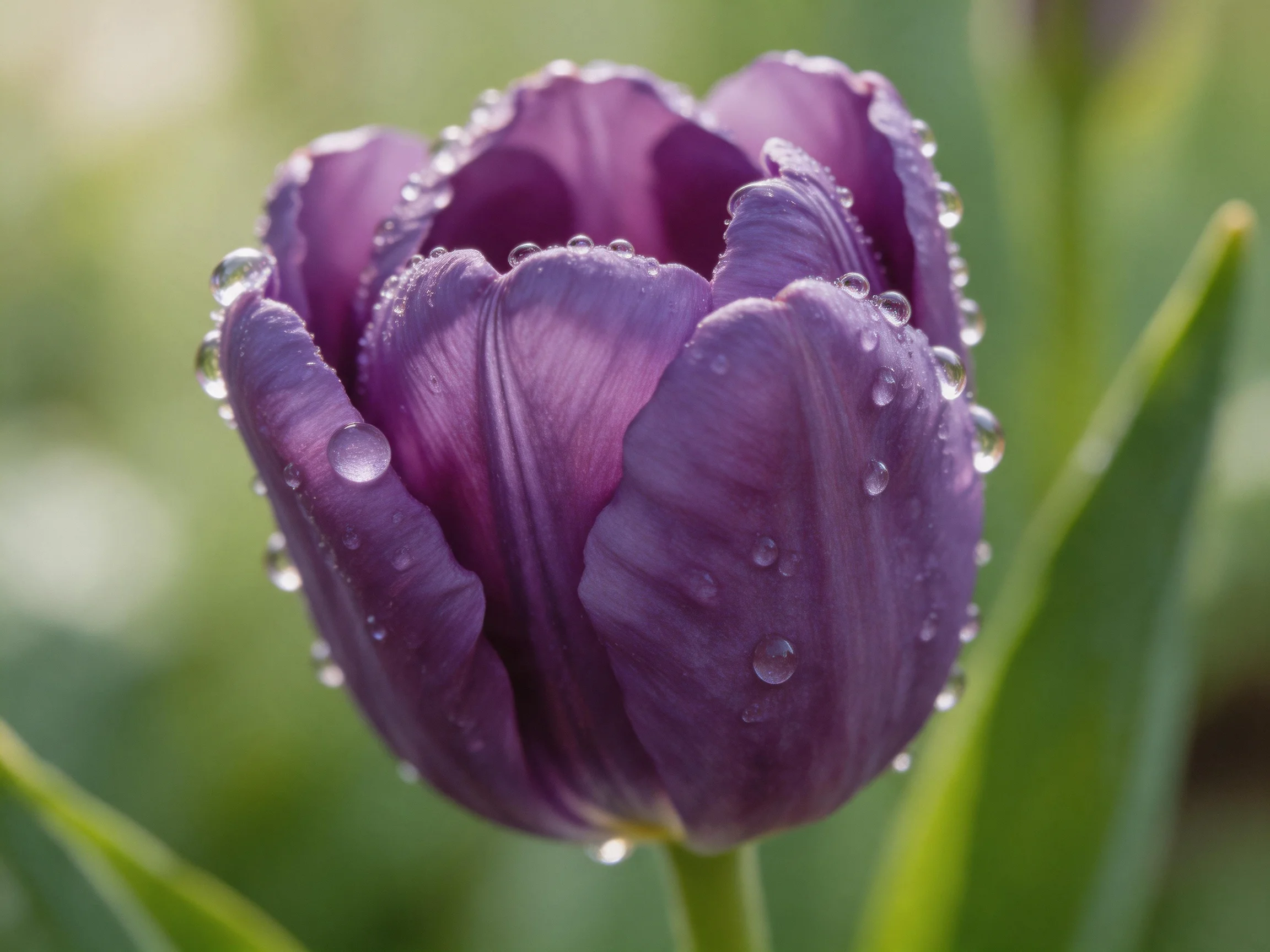 A deep purple tulip adorned with glistening water droplets