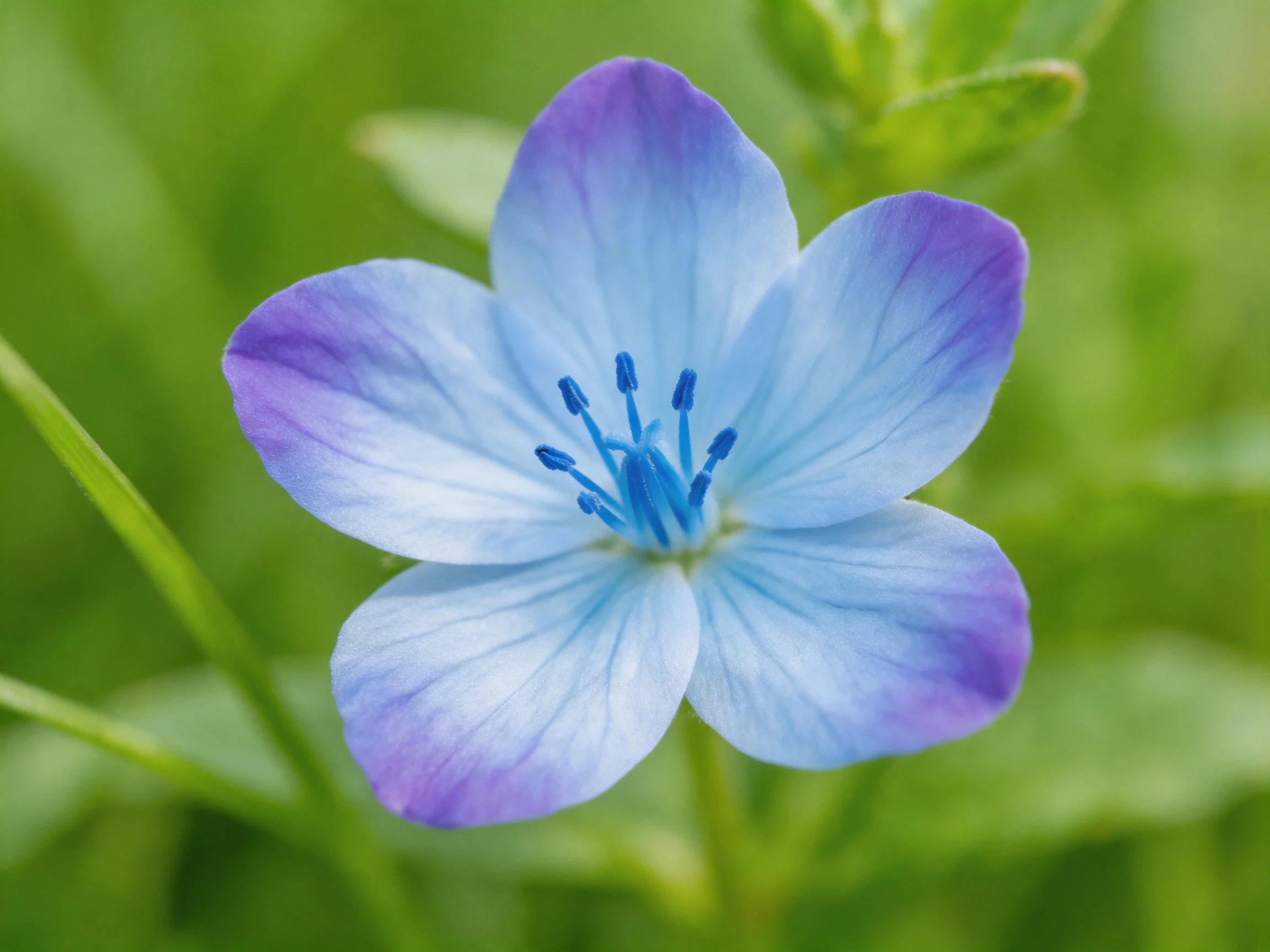 A delicate blue-purple flower with vibrant stamens against soft green foliage