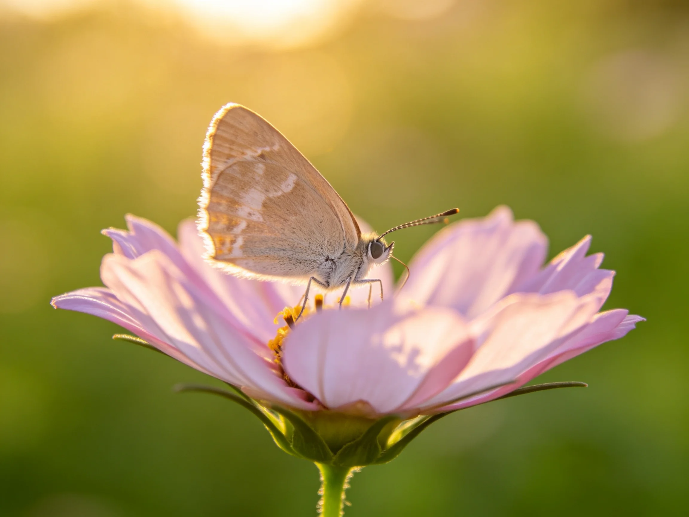A delicate brown butterfly perches on a large pink flower in golden light