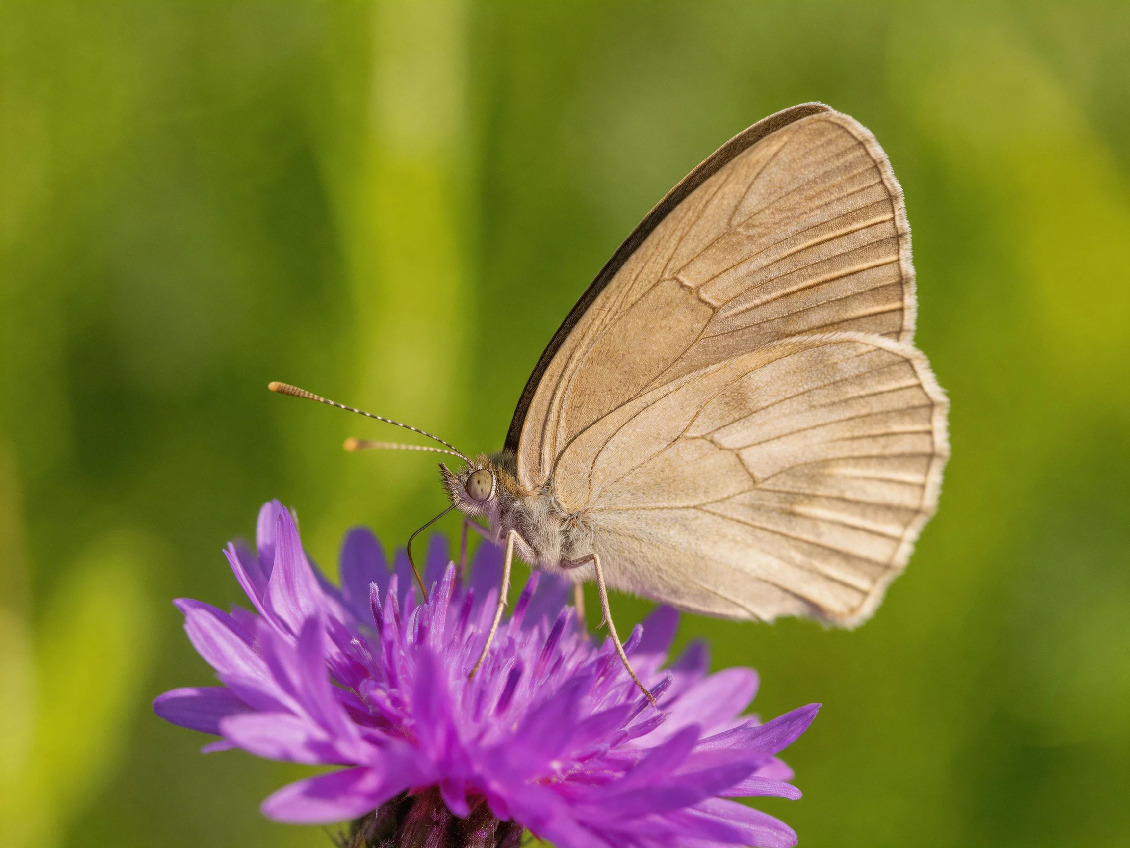 A delicate brown butterfly perches on a vibrant purple flower