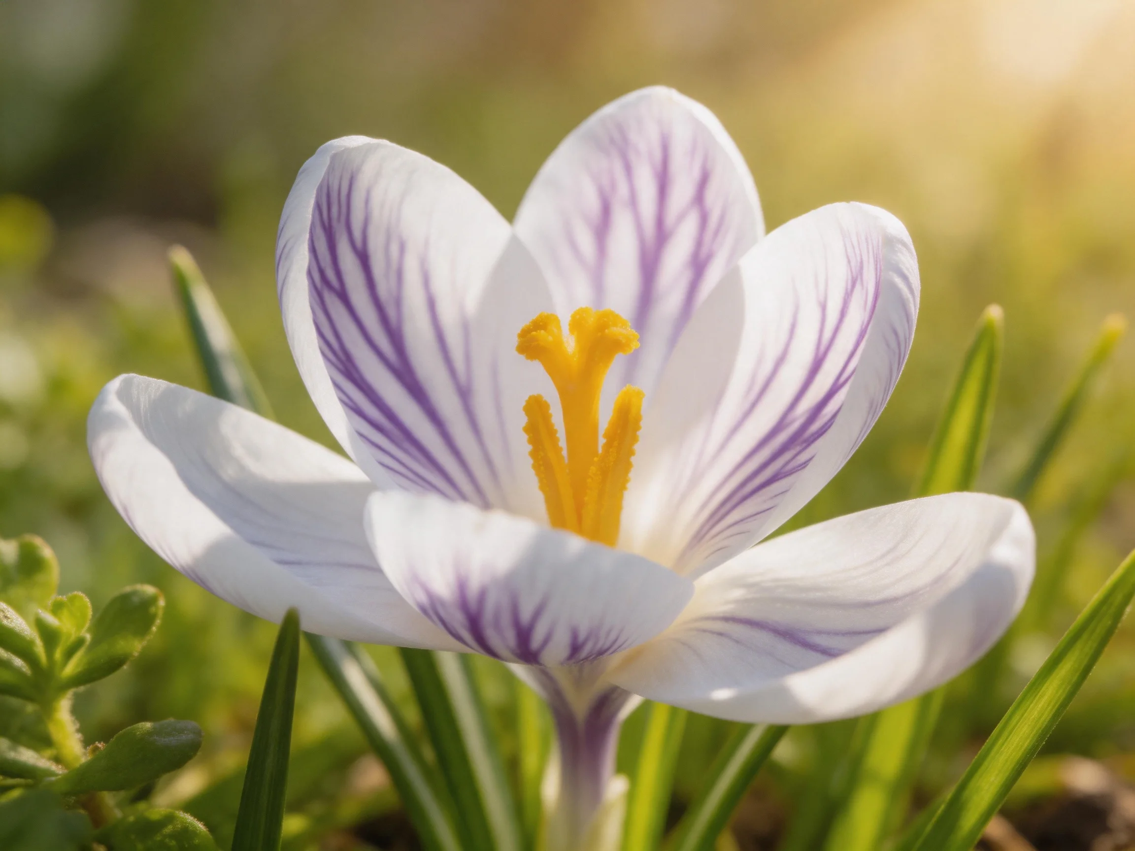 A delicate crocus flower with white and purple striped petals