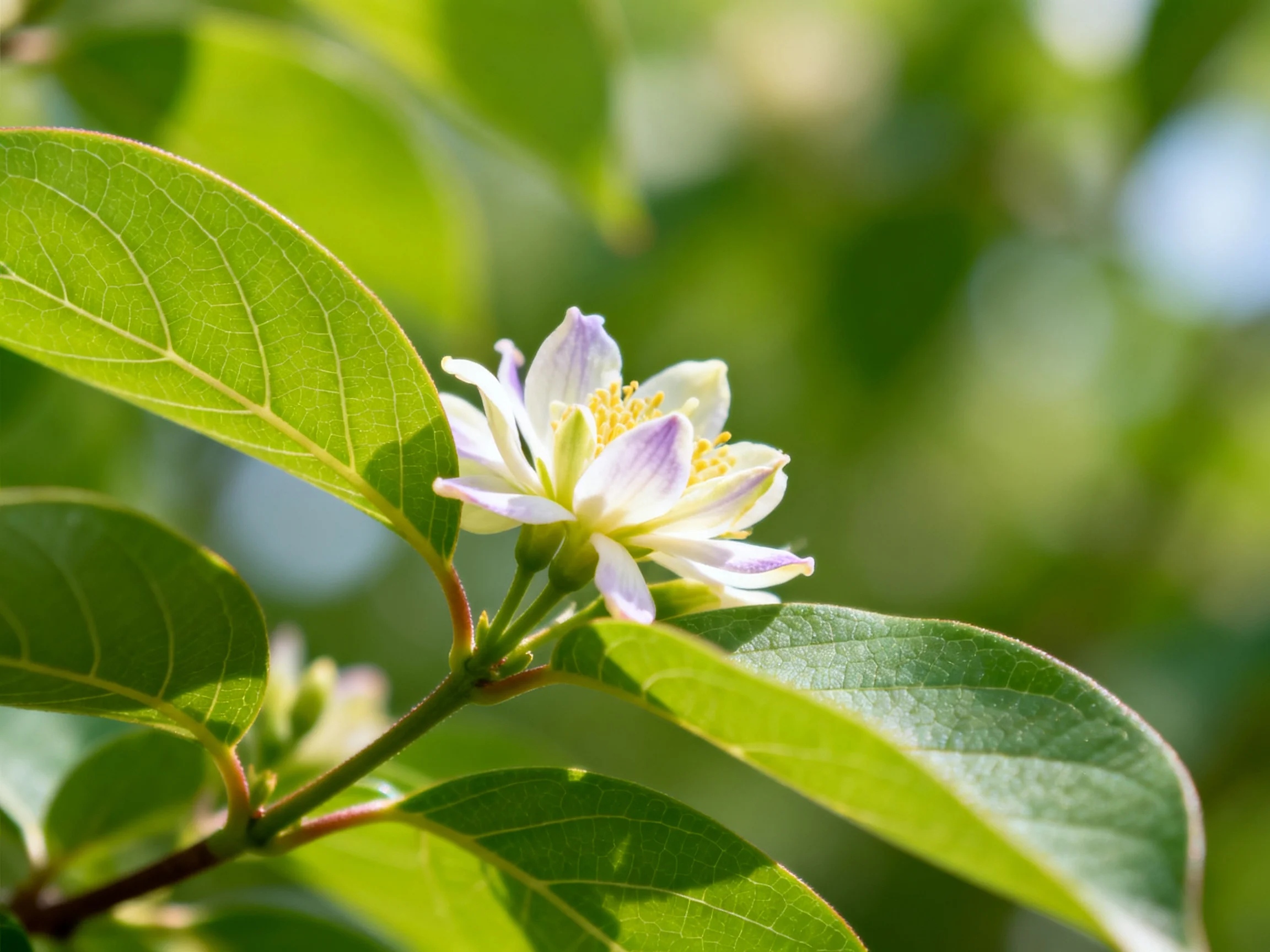 A delicate flower with lavender and white petals among vibrant green leaves