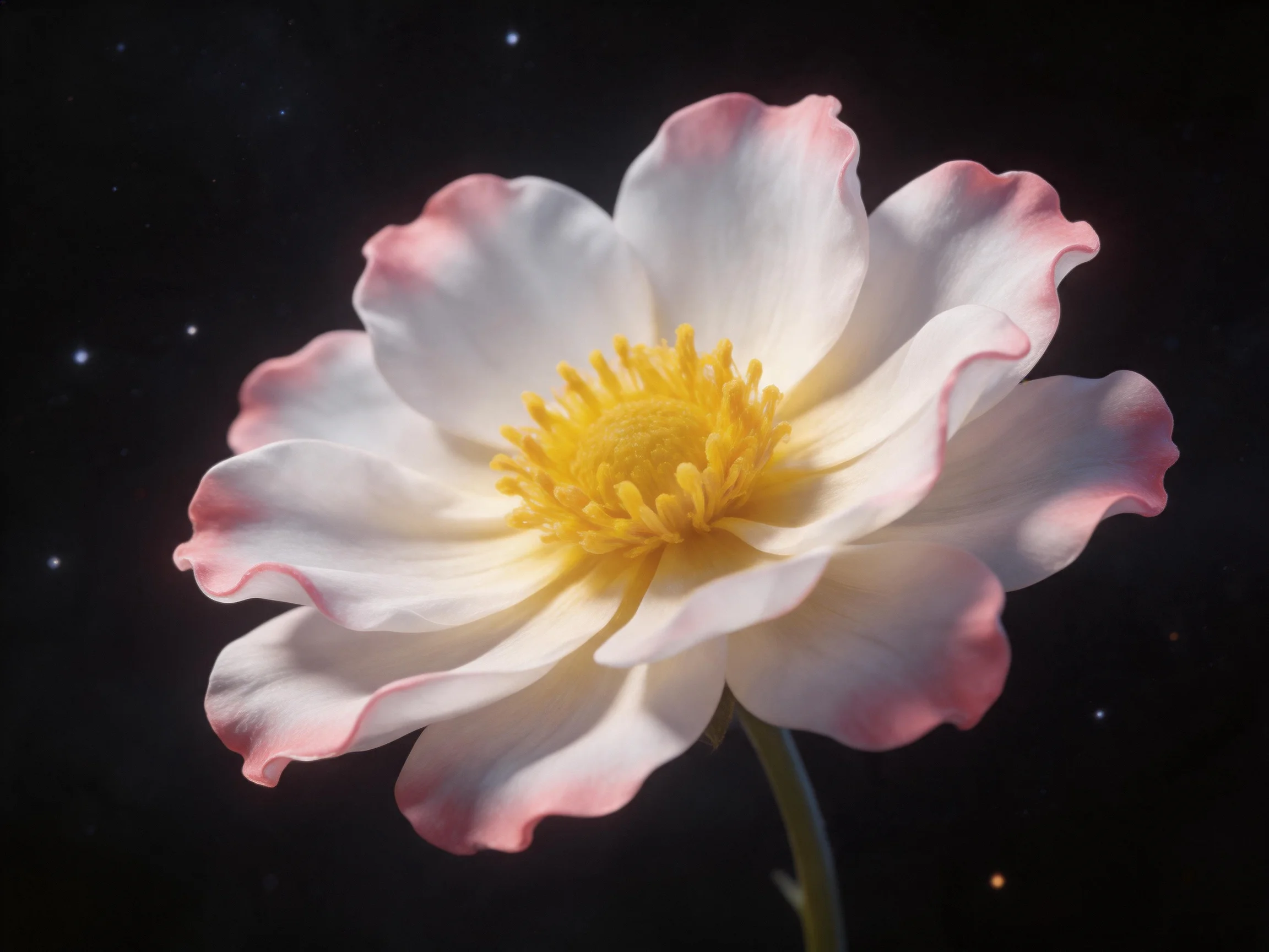 A delicate flower with pink-edged white petals and a bright yellow center