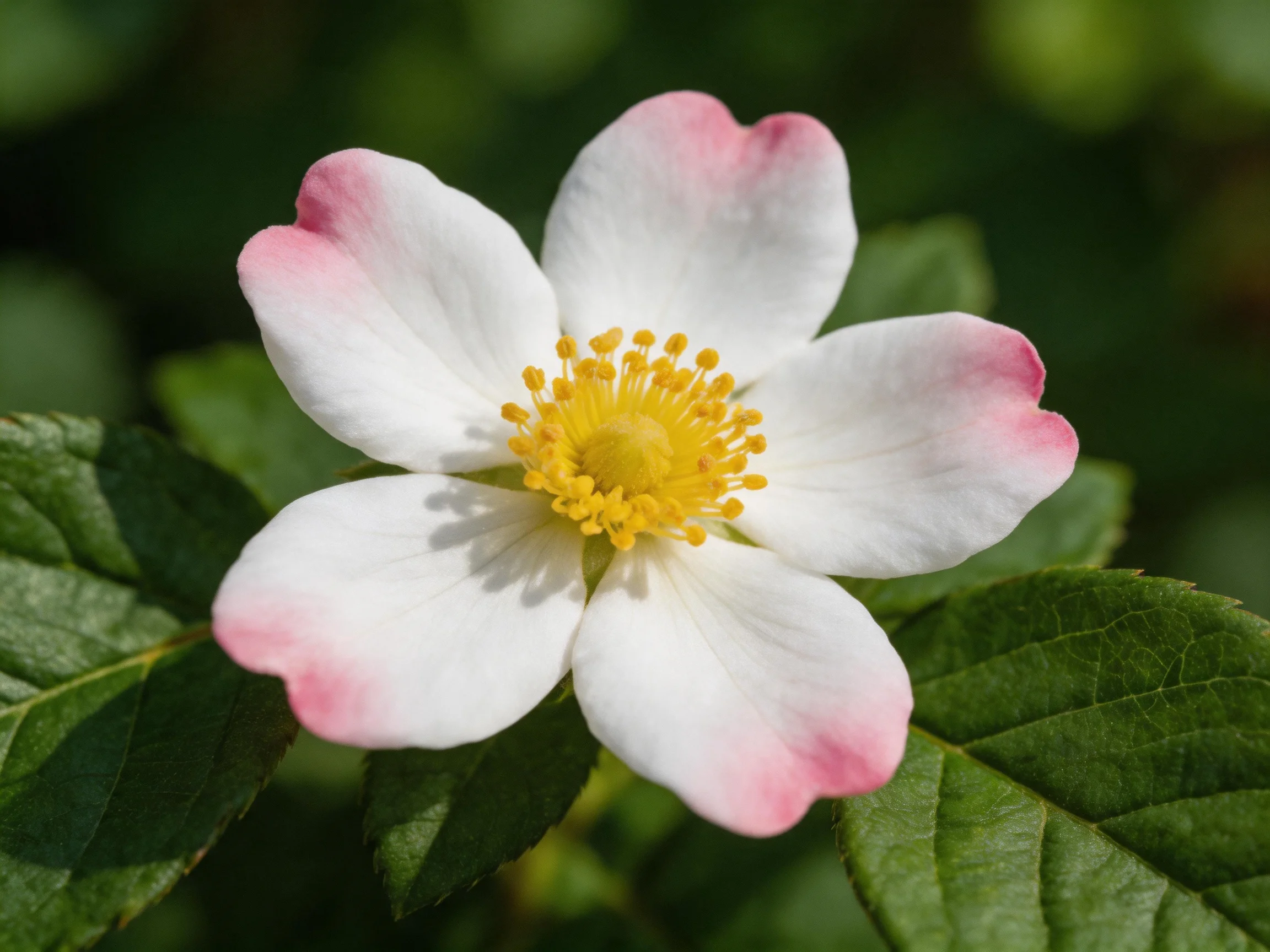 A delicate flower with pink-edged white petals and a golden center