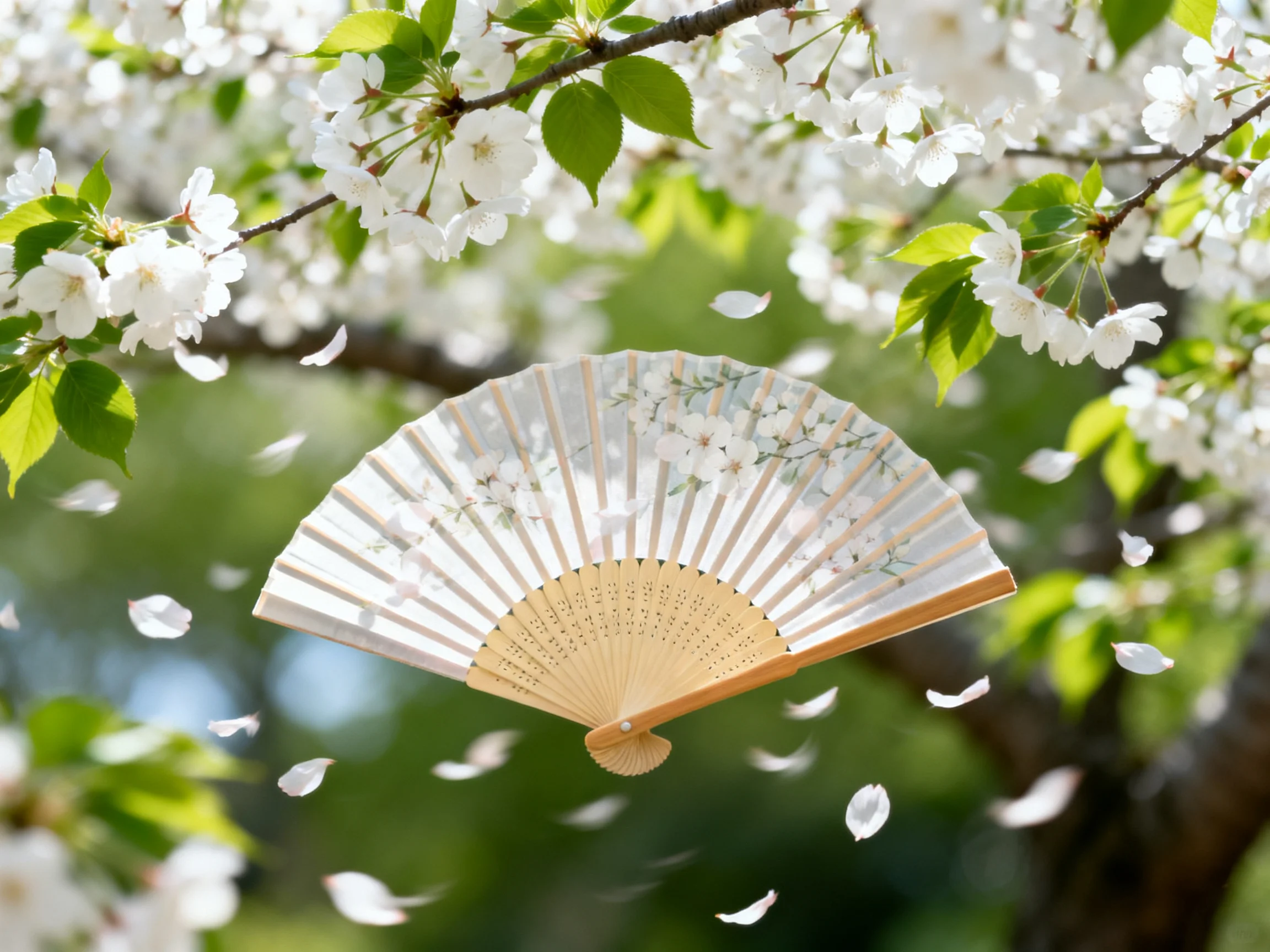 A delicate hand fan amid falling cherry blossom petals and blooming branches