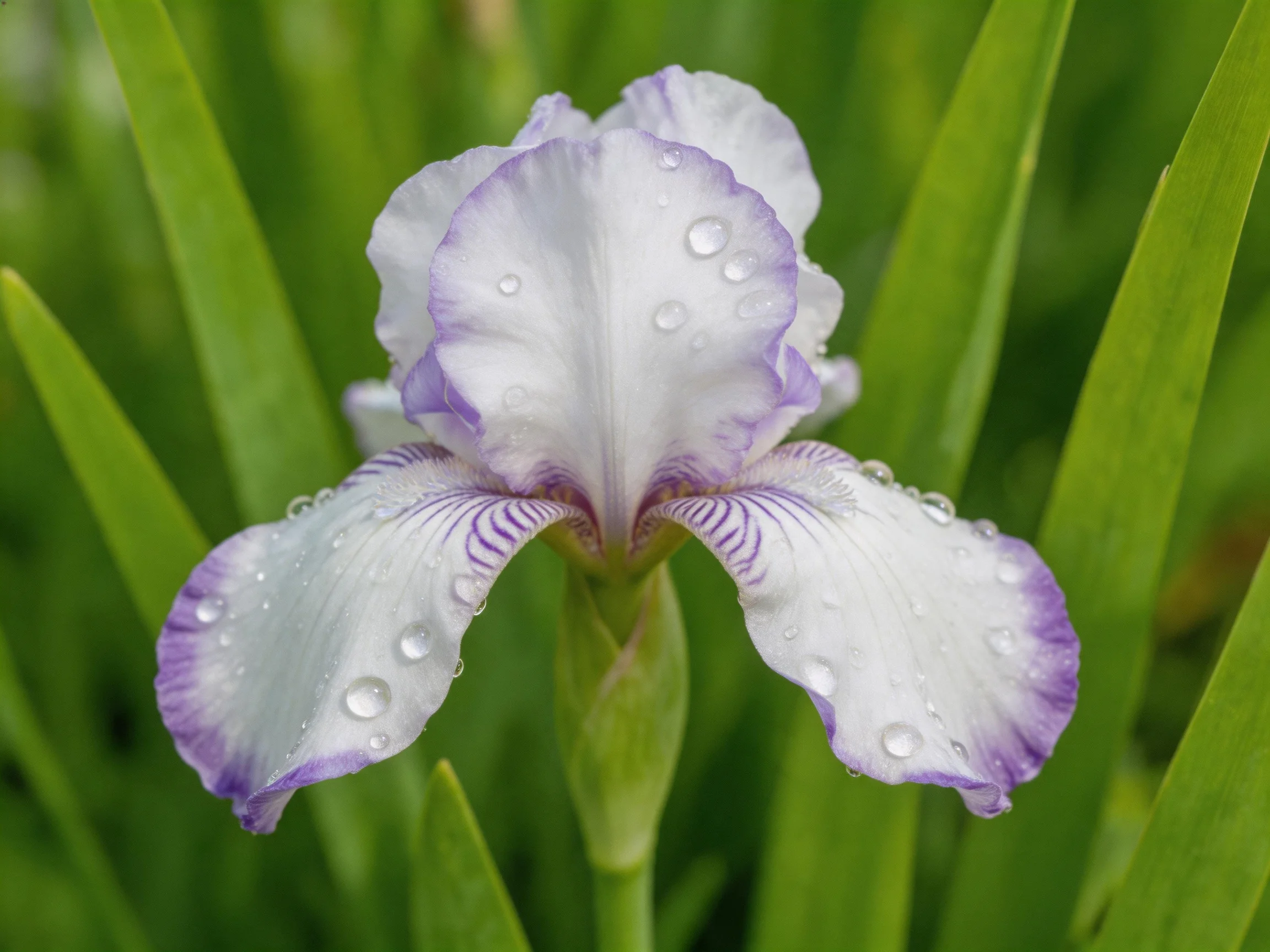 A delicate iris bloom with purple accents and water droplets