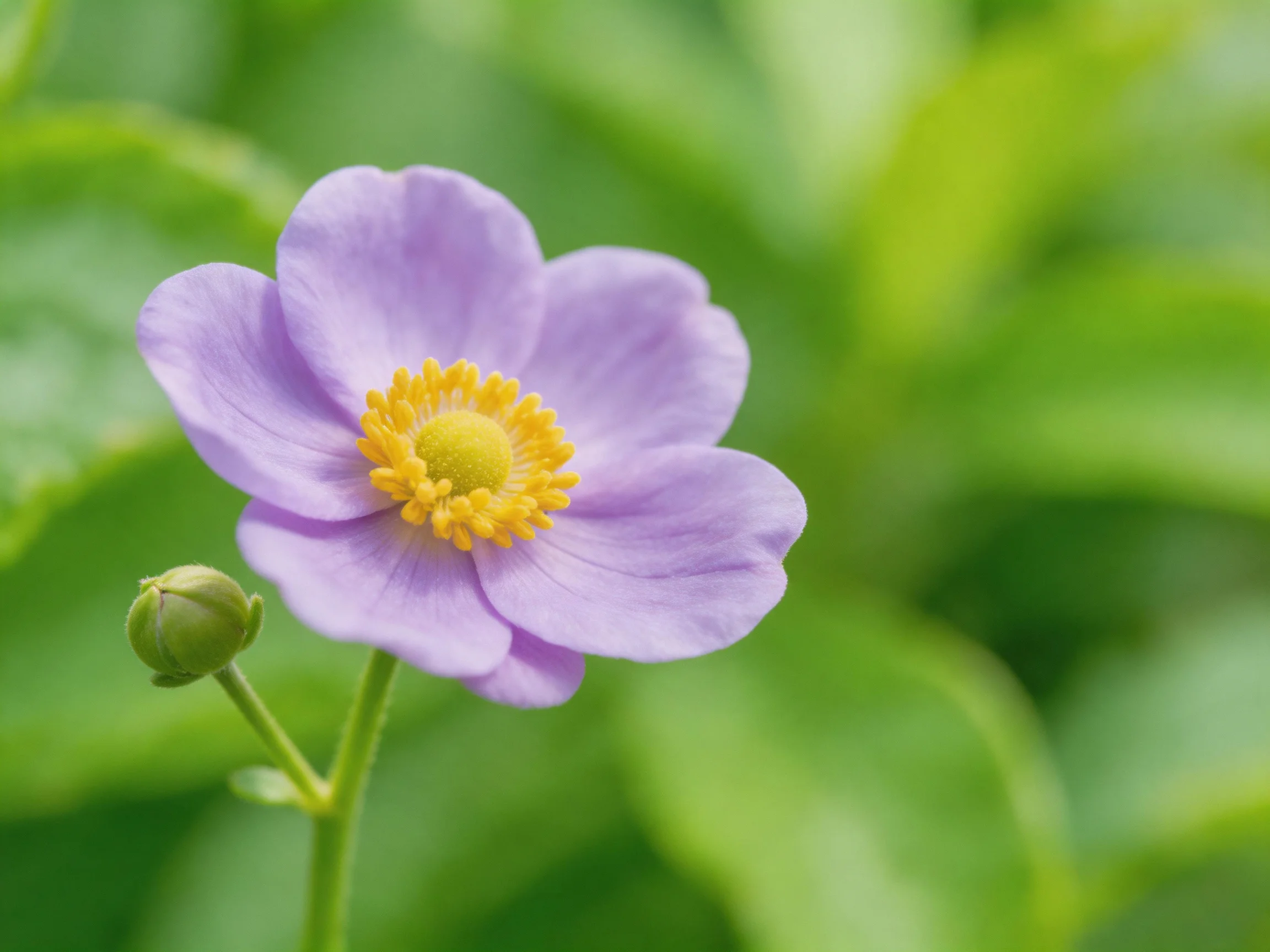 A delicate lavender flower with a bright yellow center