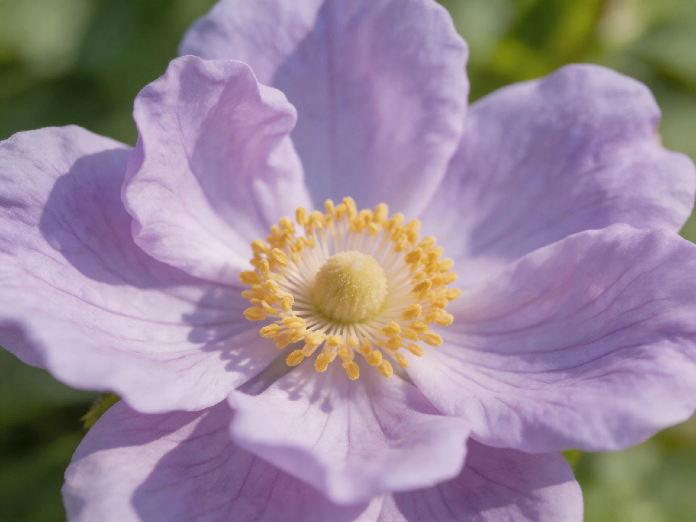 A delicate lavender flower with golden stamens in soft natural light