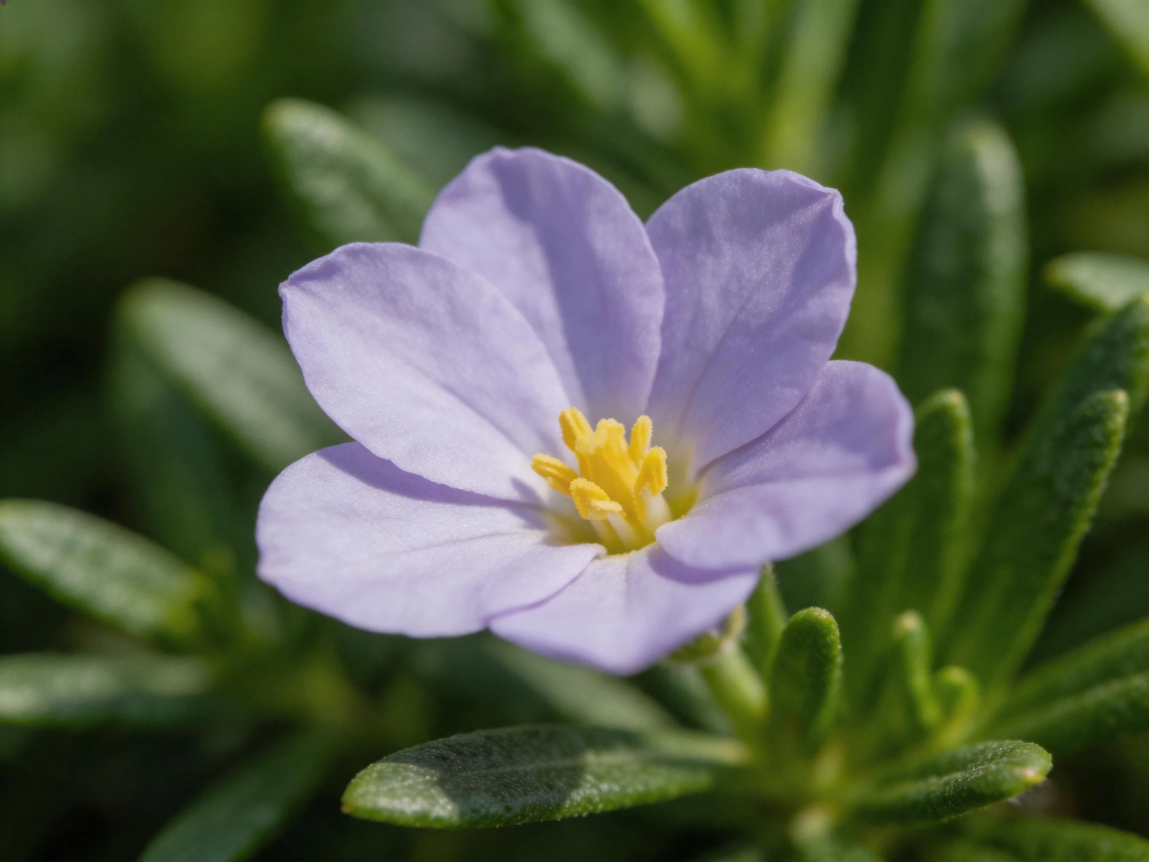 A delicate lavender flower with vibrant yellow center amid lush green foliage