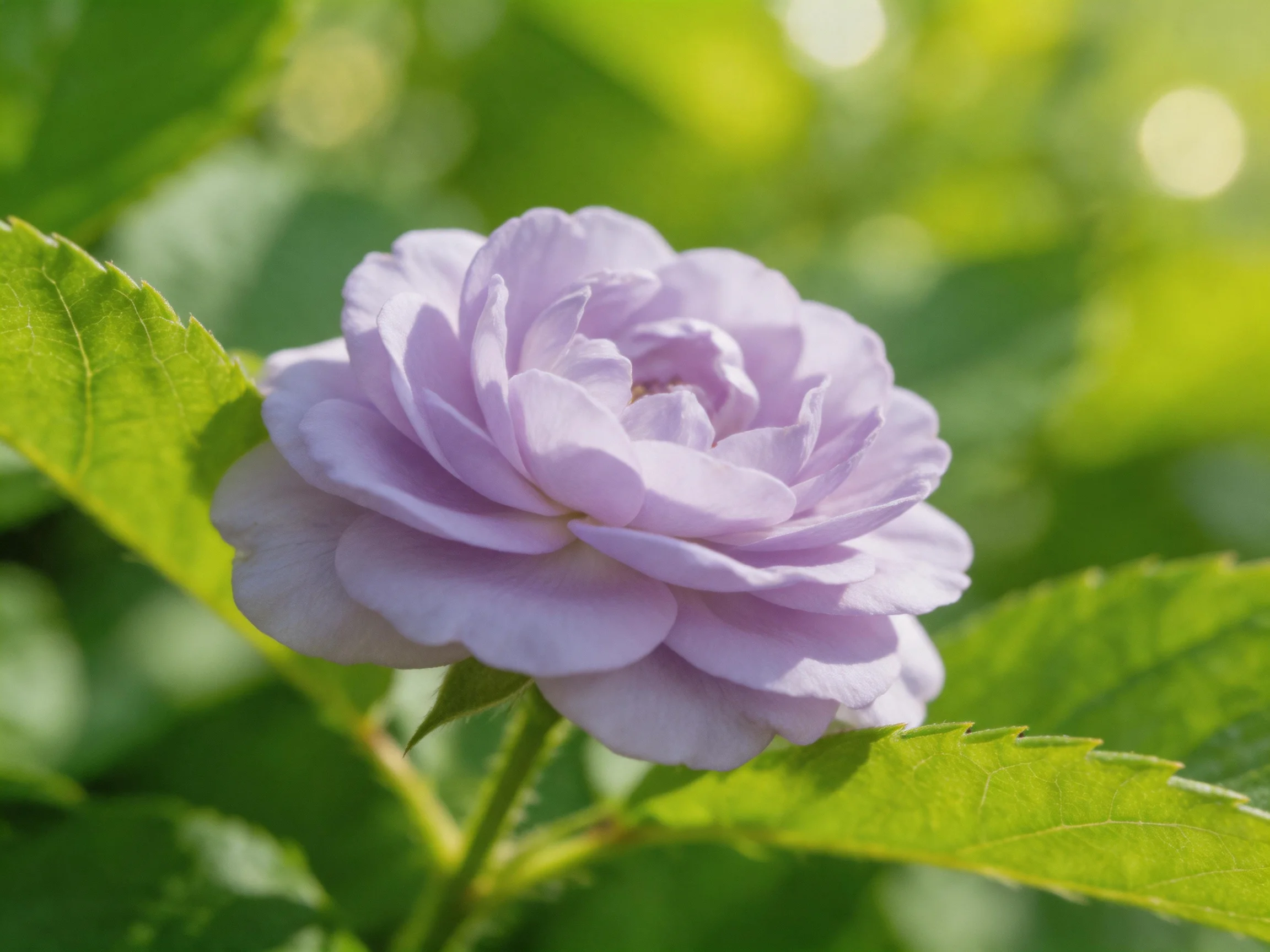 A delicate lavender rose blooms amid vibrant green foliage