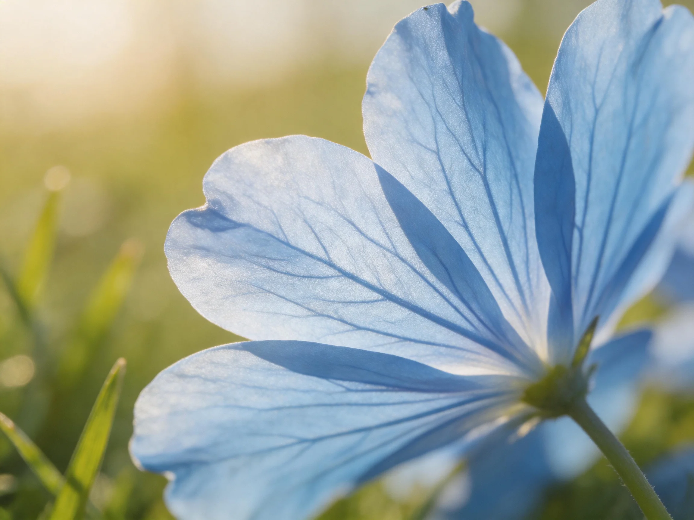 A delicate light blue flower with prominent petal veins in a sunlit meadow