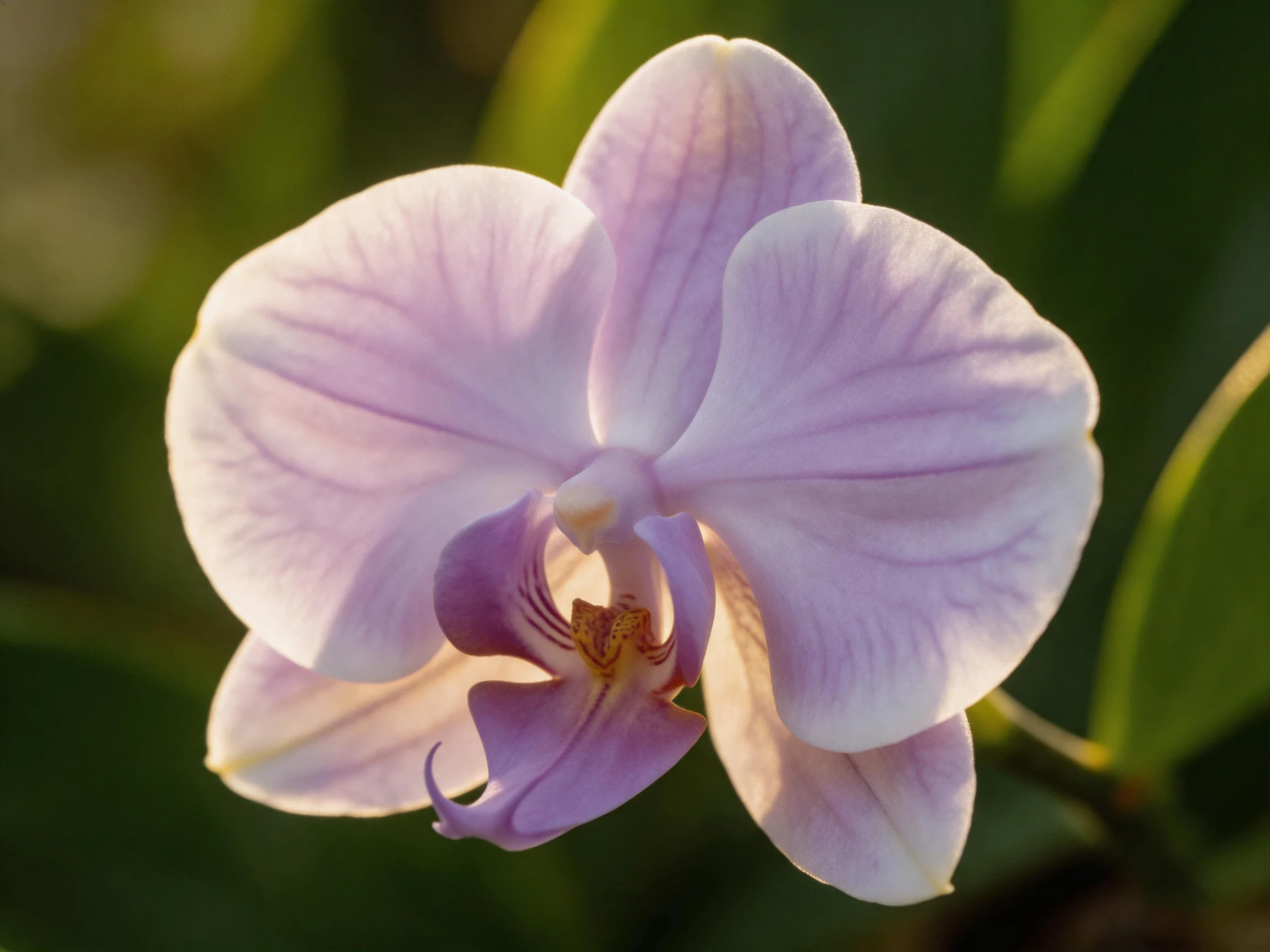 A delicate light purple orchid blooms with broad petals against a blurred green backdrop