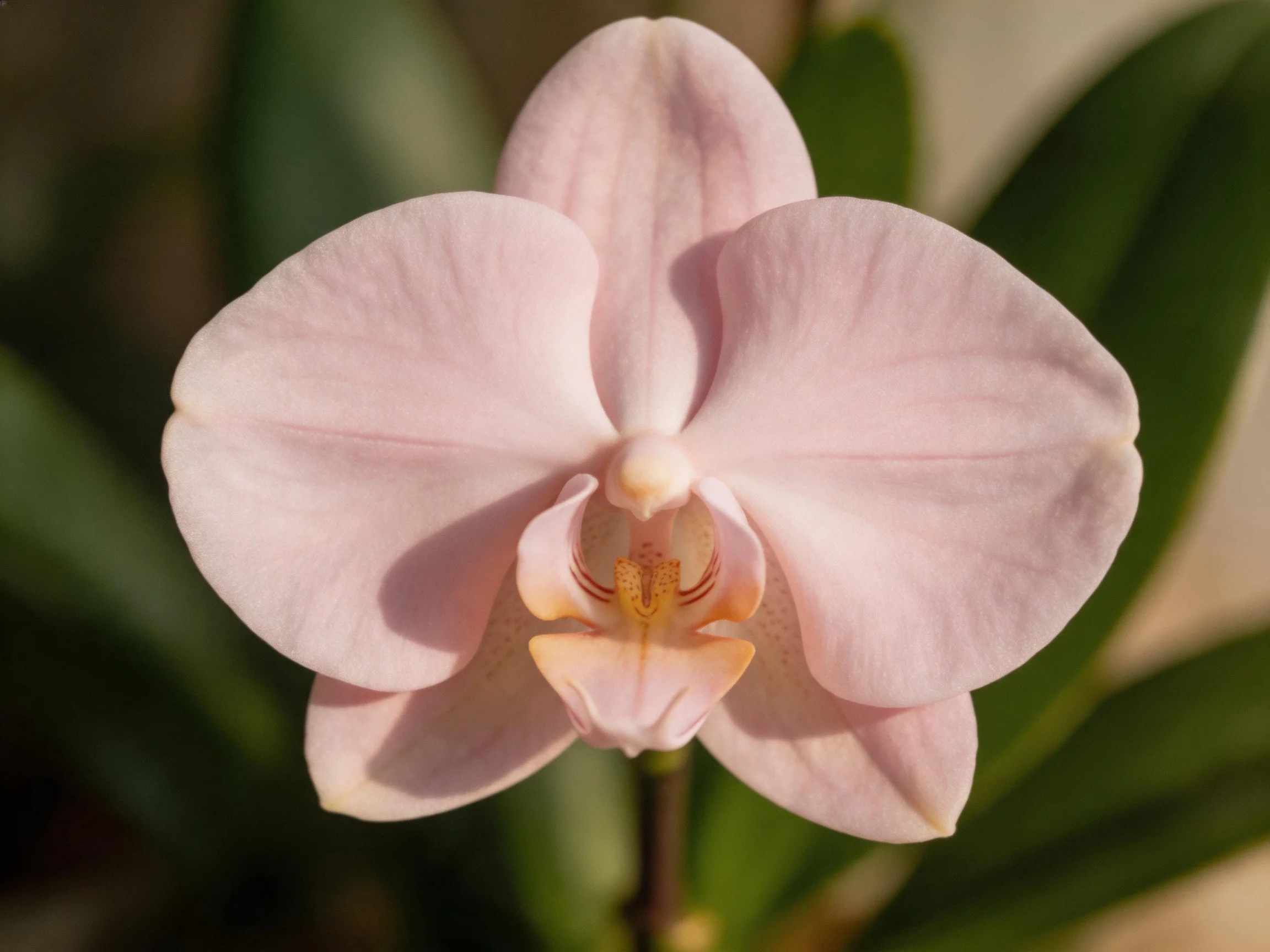 A delicate pale pink orchid with broad petals and green leaves