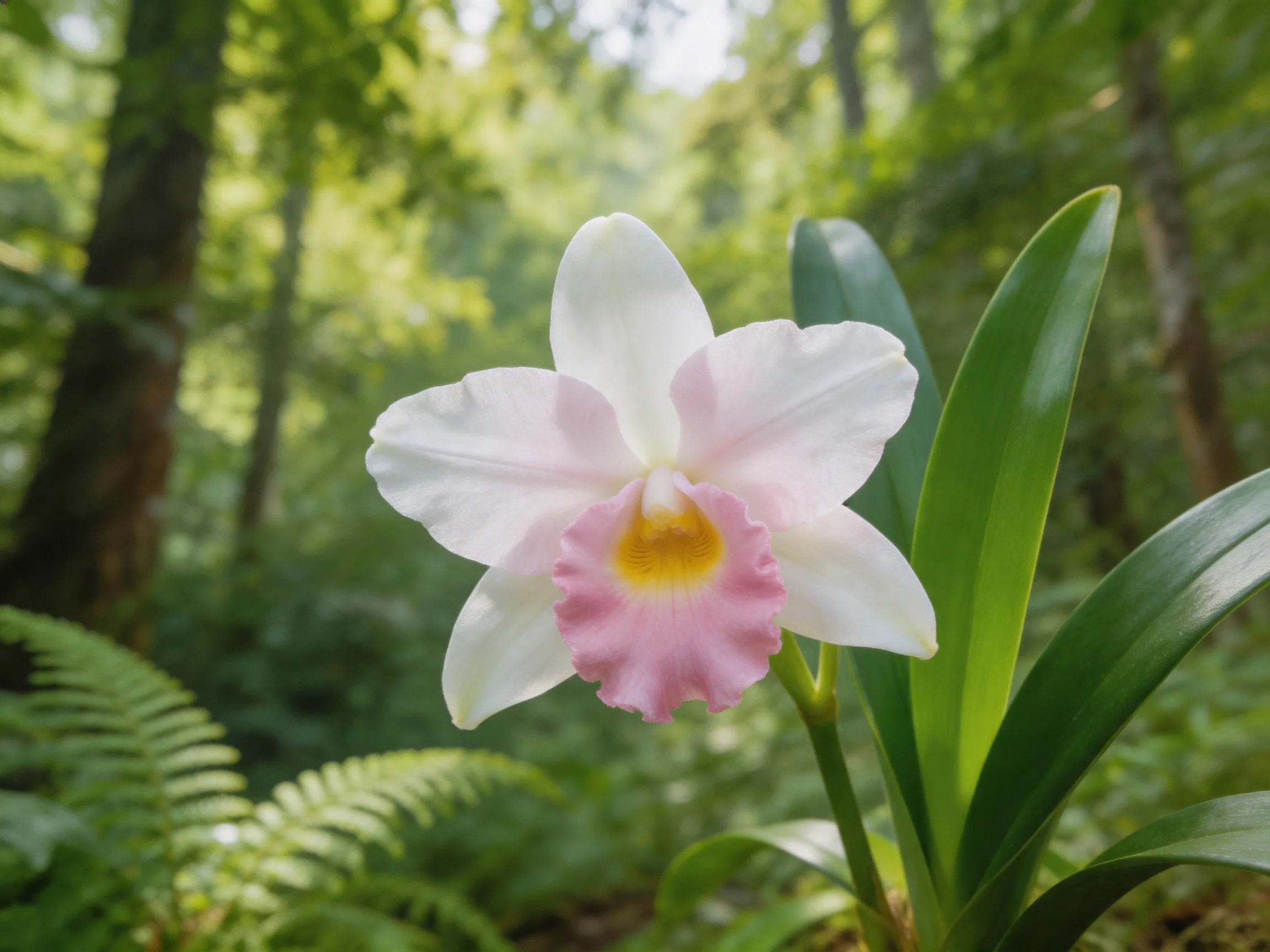 A delicate pink-and-white orchid blooms amid lush green ferns and trees