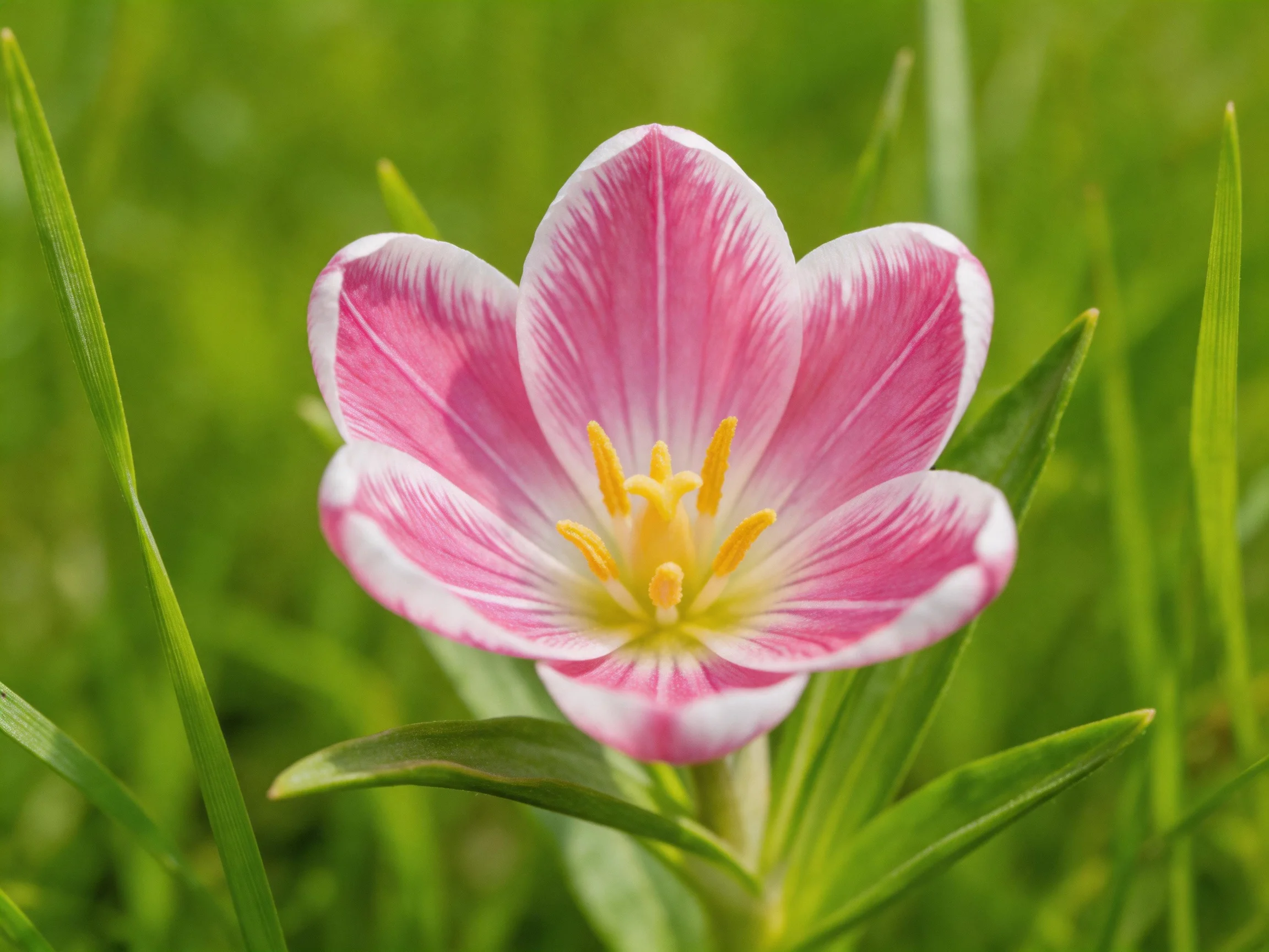A delicate pink and white tulip blooms amid lush green grass