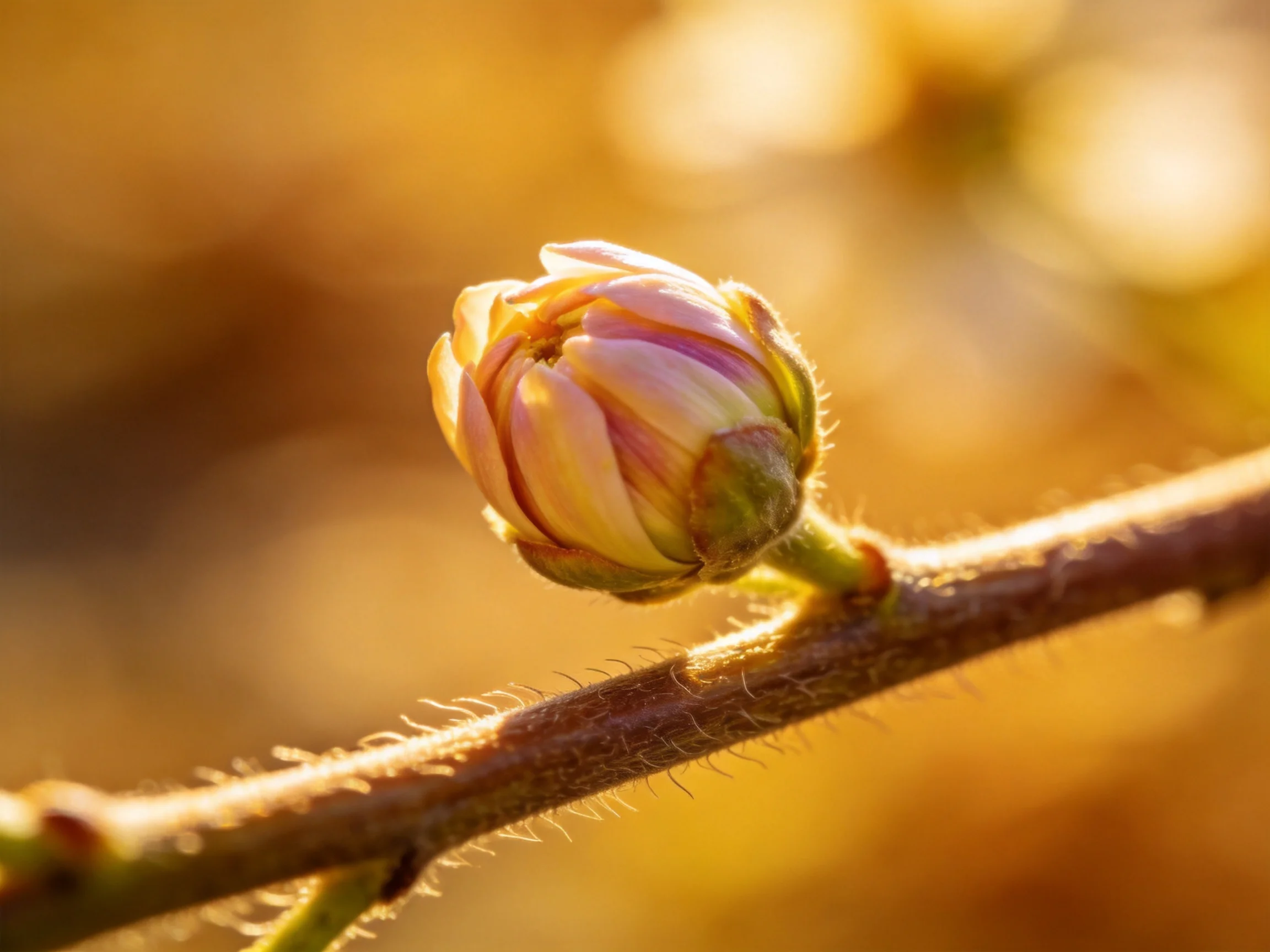 A delicate pink-and-yellow flower bud on a fuzzy brown branch
