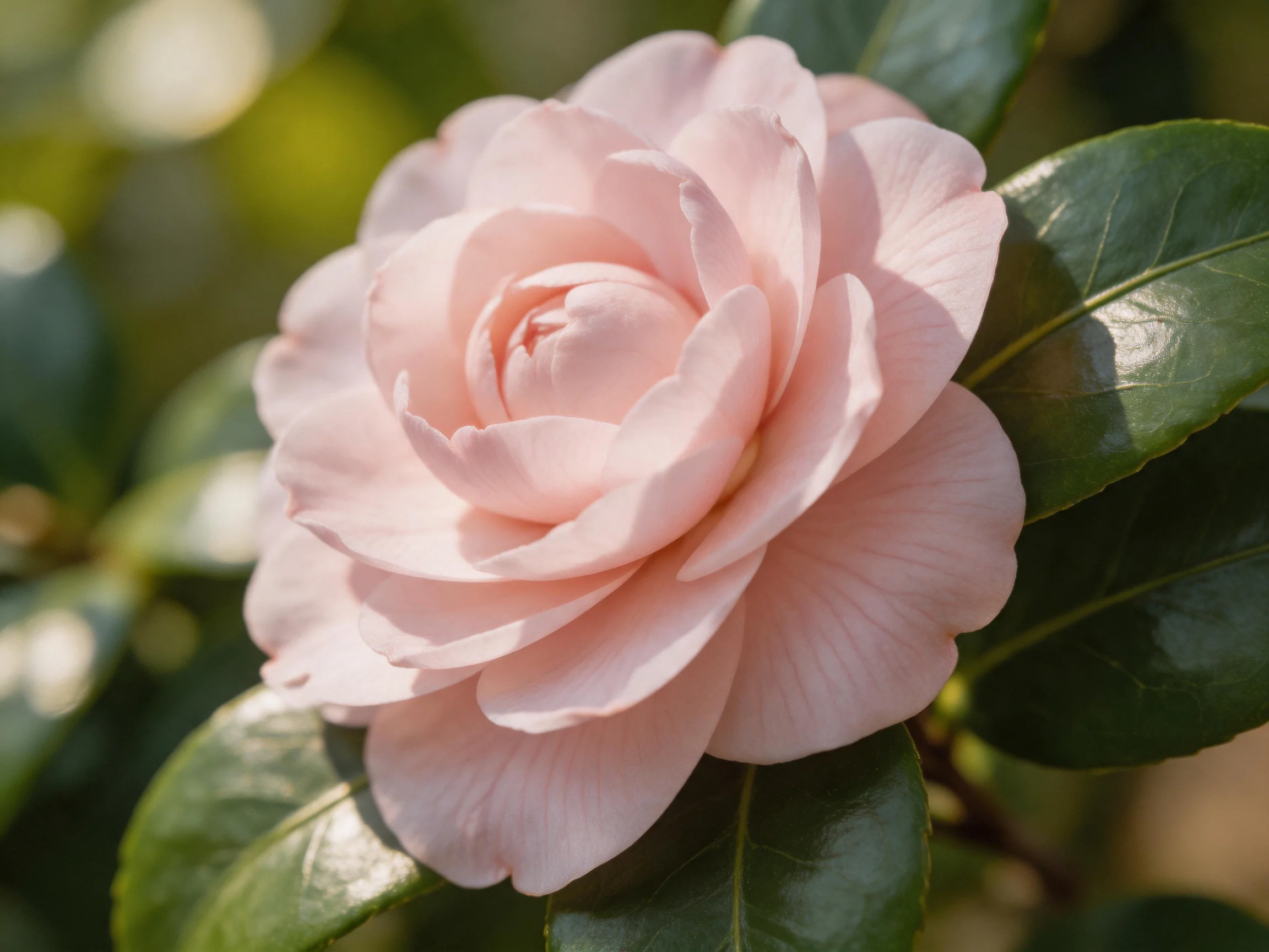 A delicate pink camellia bloom surrounded by glossy green leaves