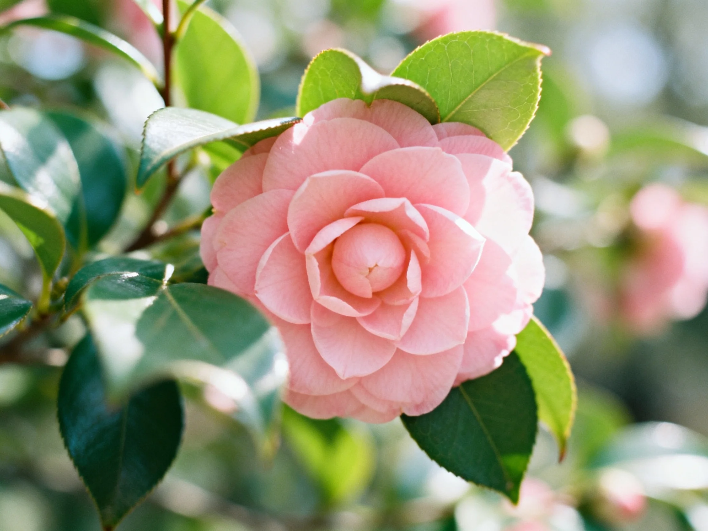 A delicate pink camellia flower surrounded by lush green foliage