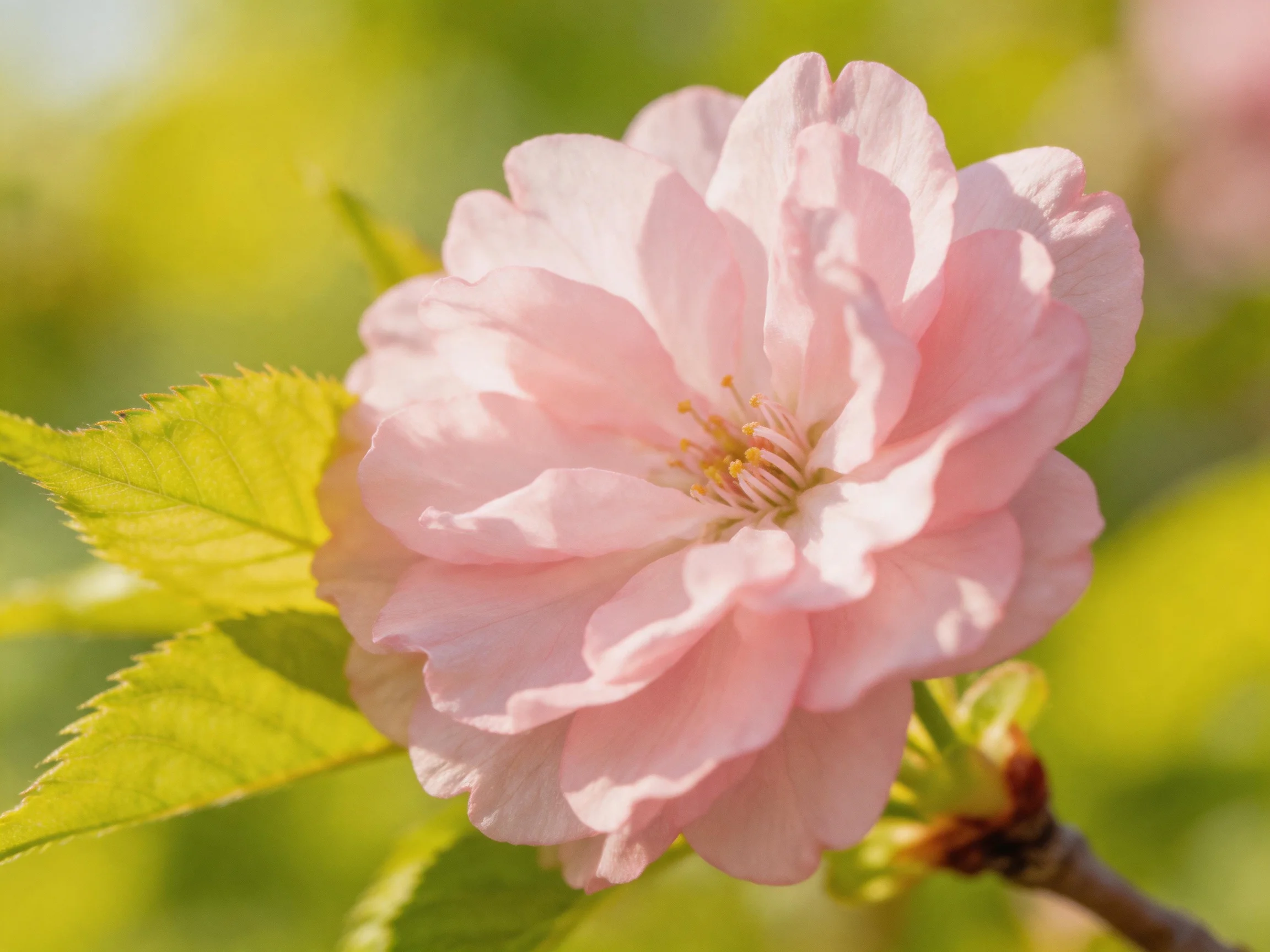 A delicate pink cherry blossom blooming amid green foliage