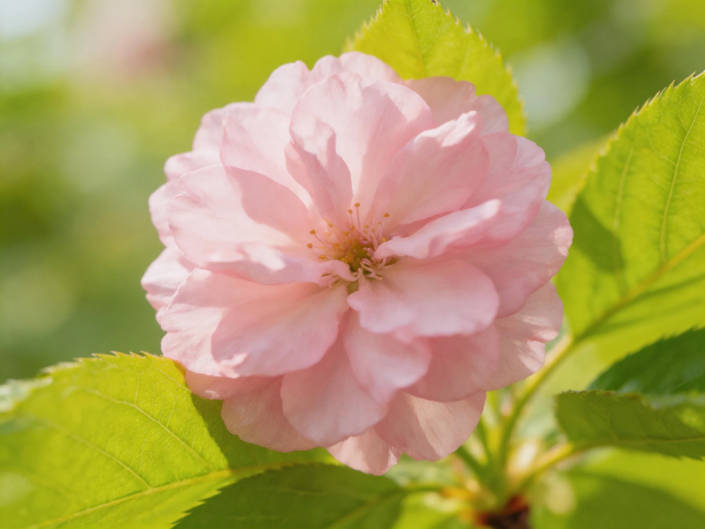 A delicate pink cherry blossom blooms amid vibrant green foliage